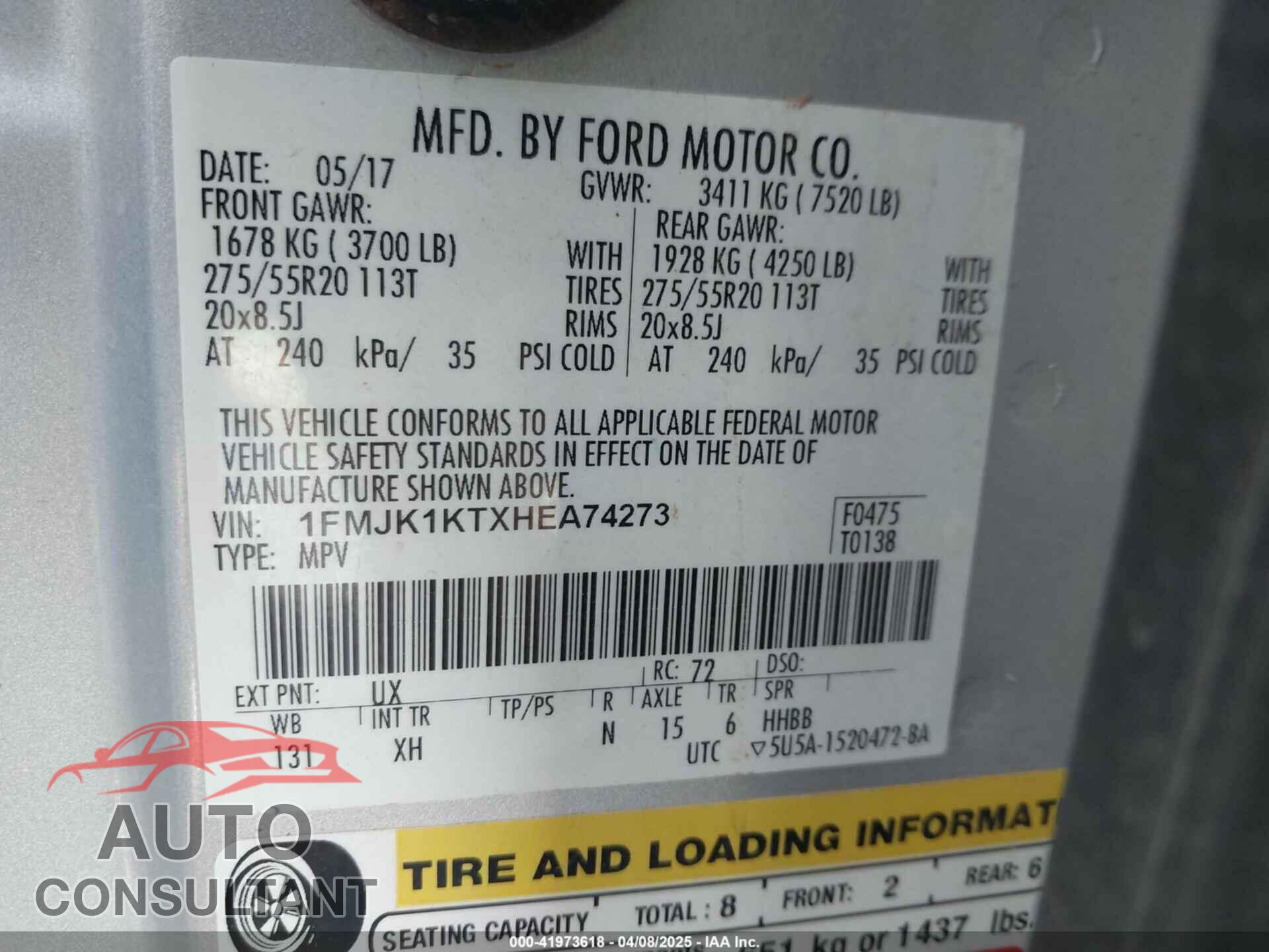 FORD EXPEDITION EL 2017 - 1FMJK1KTXHEA74273