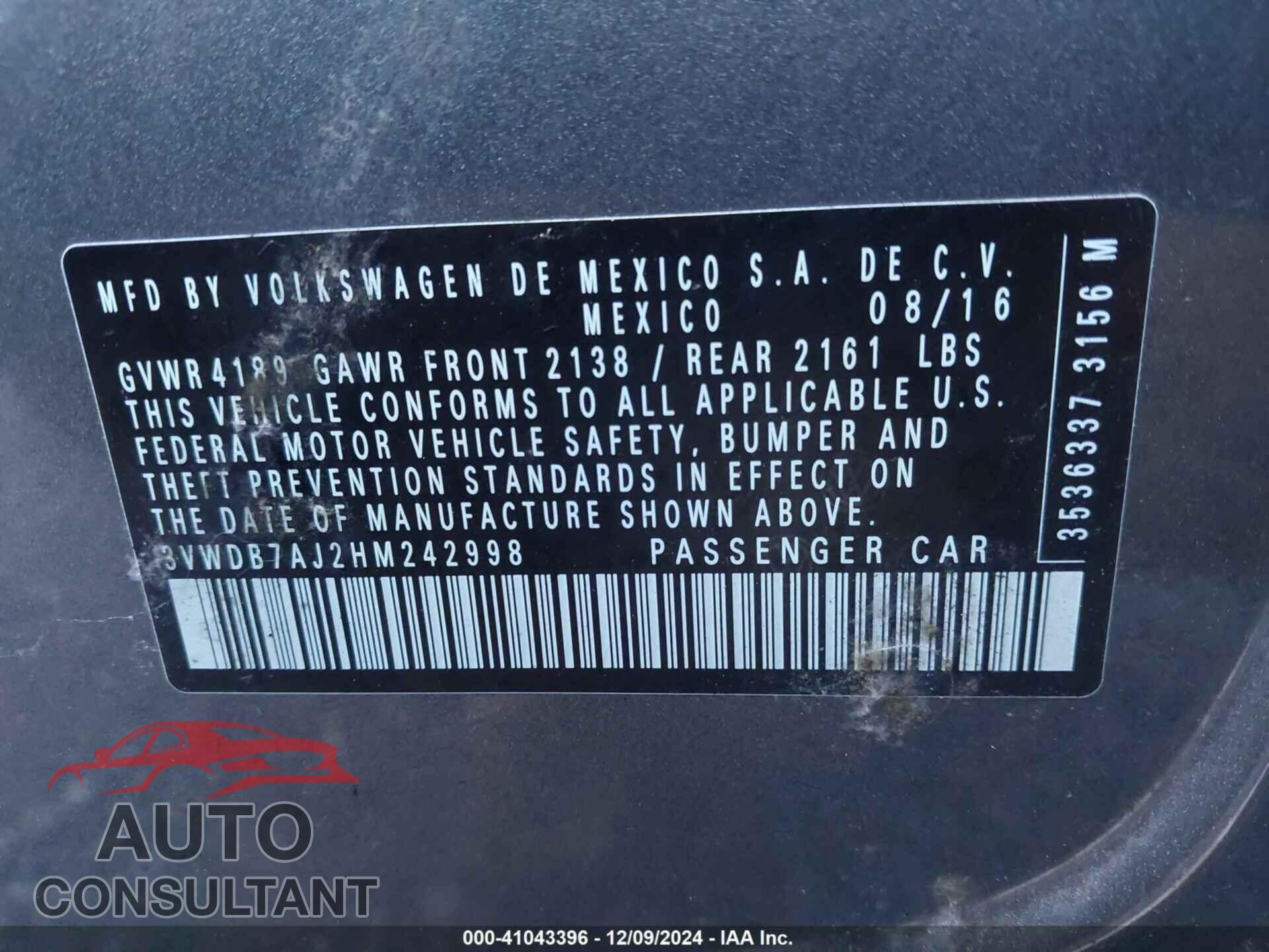 VOLKSWAGEN JETTA 2017 - 3VWDB7AJ2HM242998