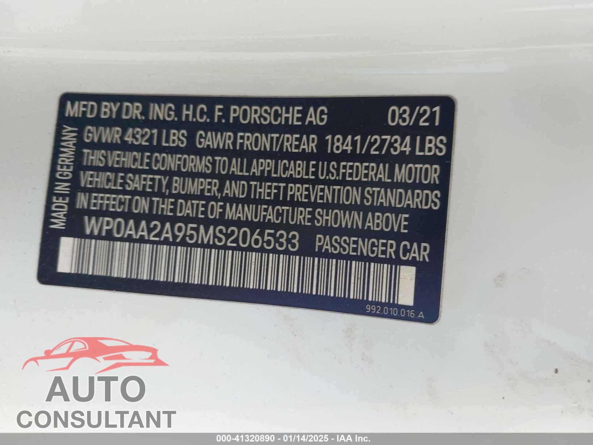 PORSCHE 911 2021 - WP0AA2A95MS206533