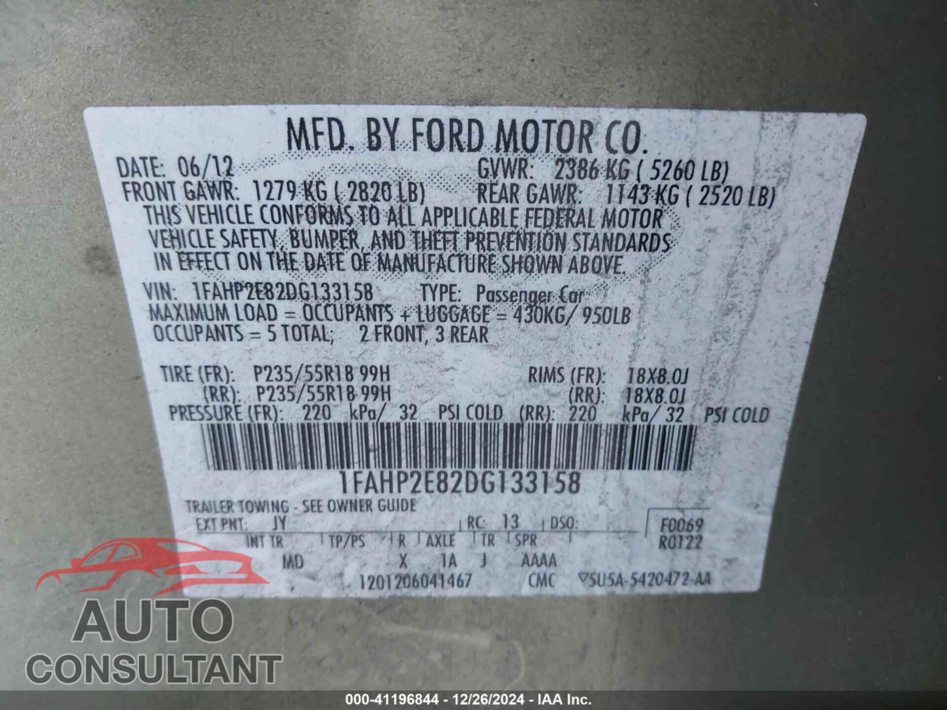 FORD TAURUS 2013 - 1FAHP2E82DG133158