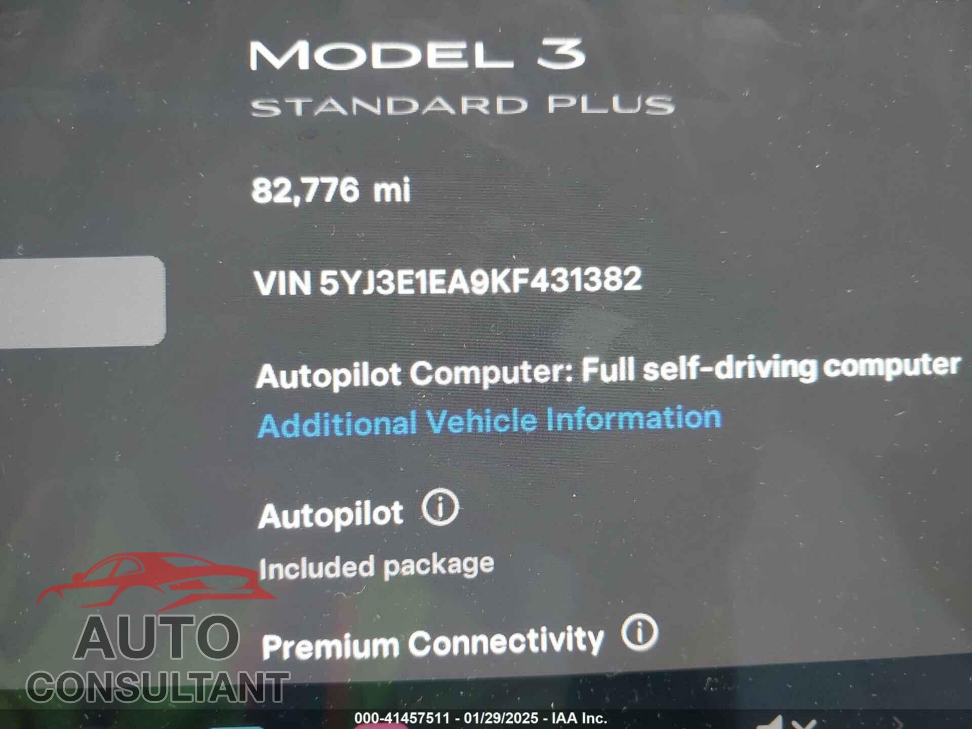 TESLA MODEL 3 2019 - 5YJ3E1EA9KF431382
