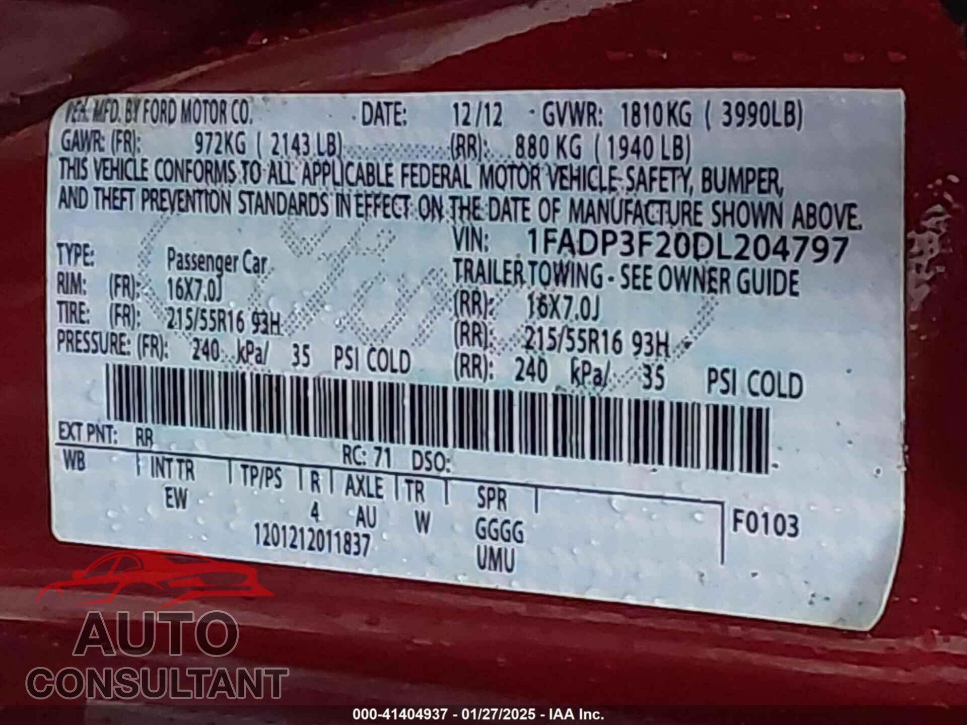 FORD FOCUS 2013 - 1FADP3F20DL204797