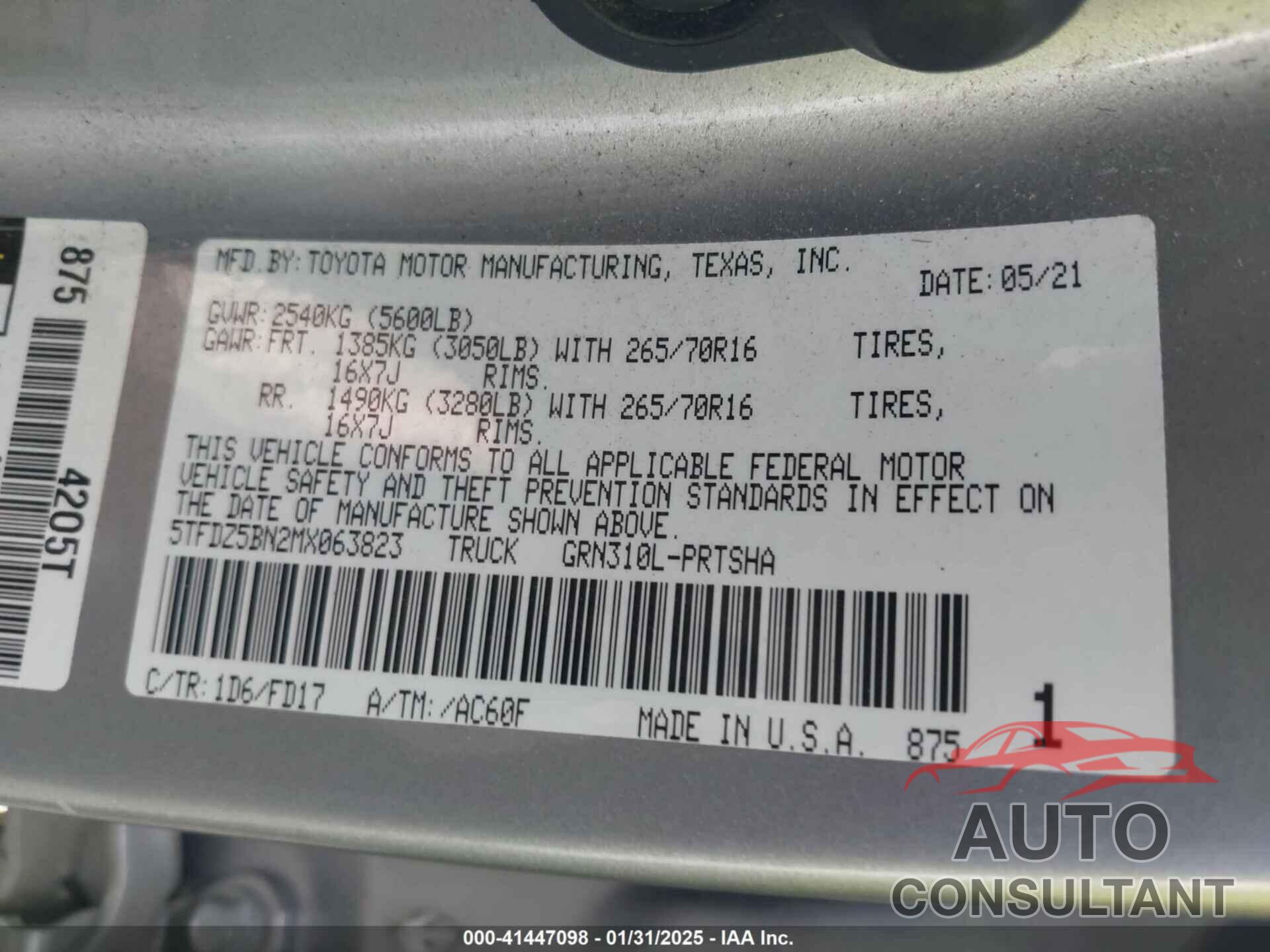 TOYOTA TACOMA 2021 - 5TFDZ5BN2MX063823