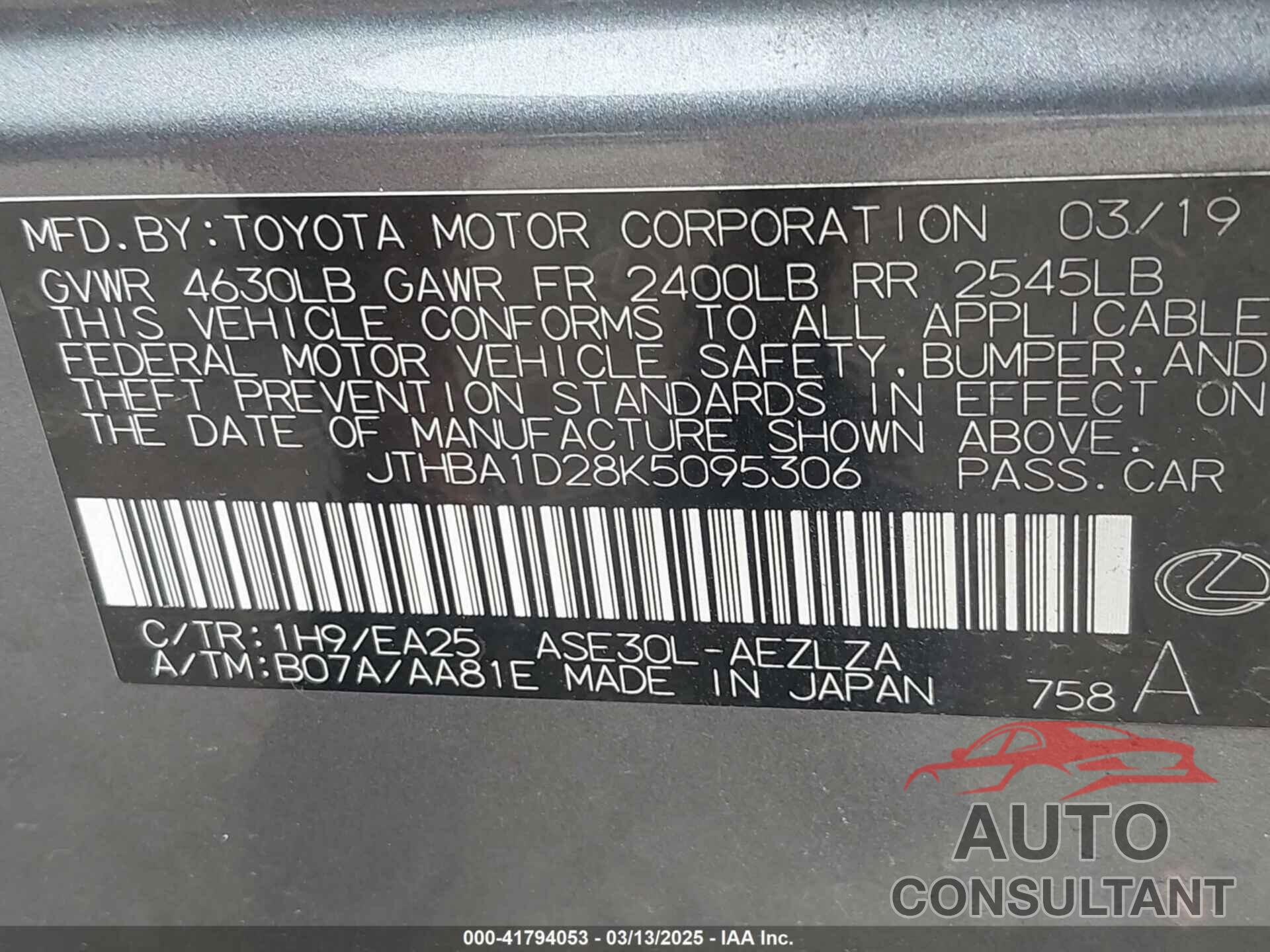 LEXUS IS 2019 - JTHBA1D28K5095306
