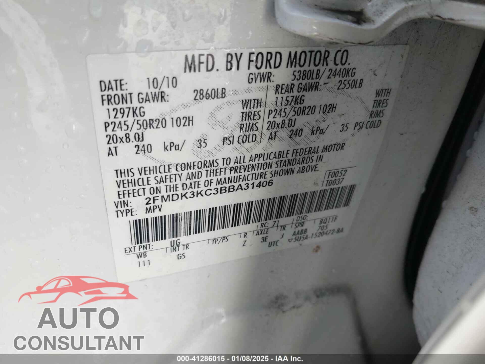 FORD EDGE 2011 - 2FMDK3KC3BBA31406