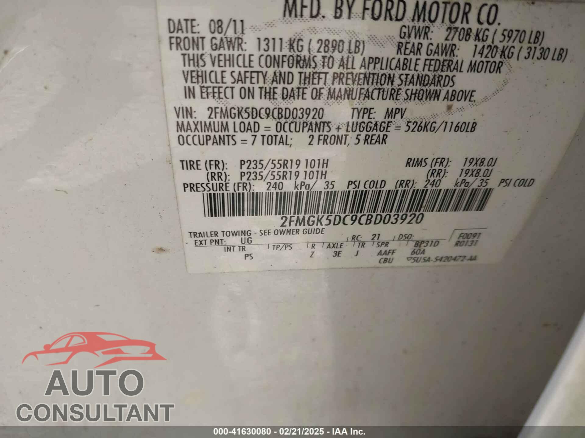 FORD FLEX 2012 - 2FMGK5DC9CBD03920