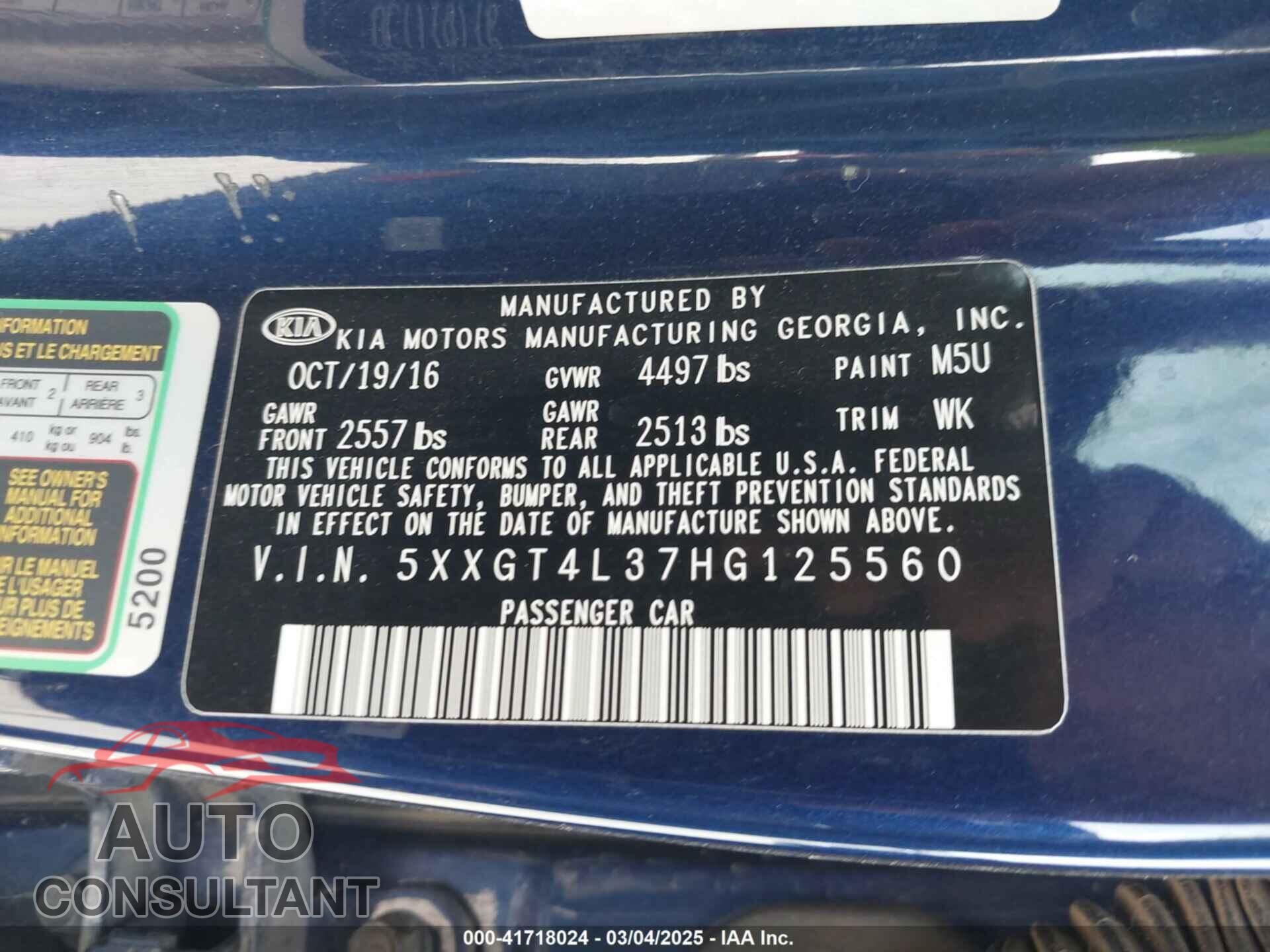 KIA OPTIMA 2017 - 5XXGT4L37HG125560