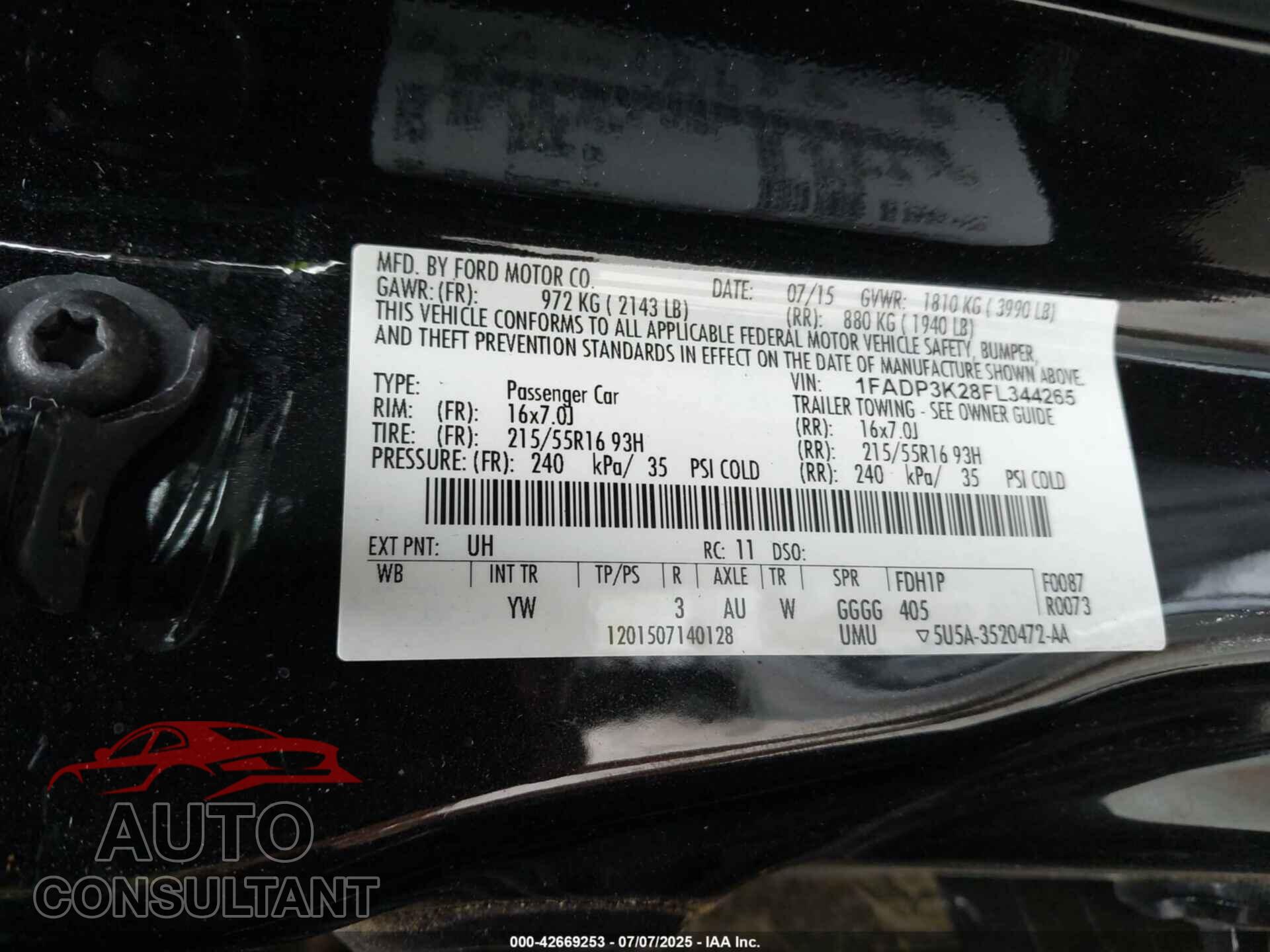 FORD FOCUS 2015 - 1FADP3K28FL344265