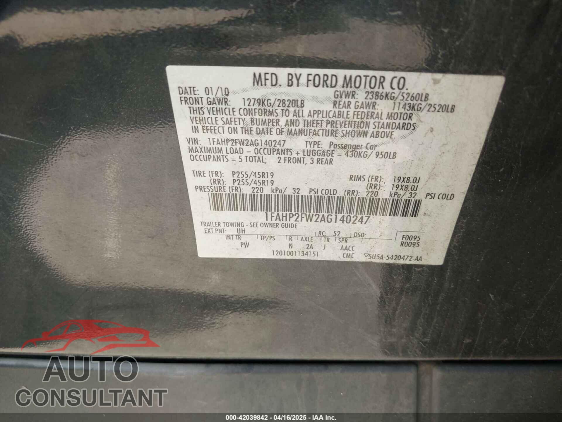 FORD TAURUS 2010 - 1FAHP2FW2AG140247
