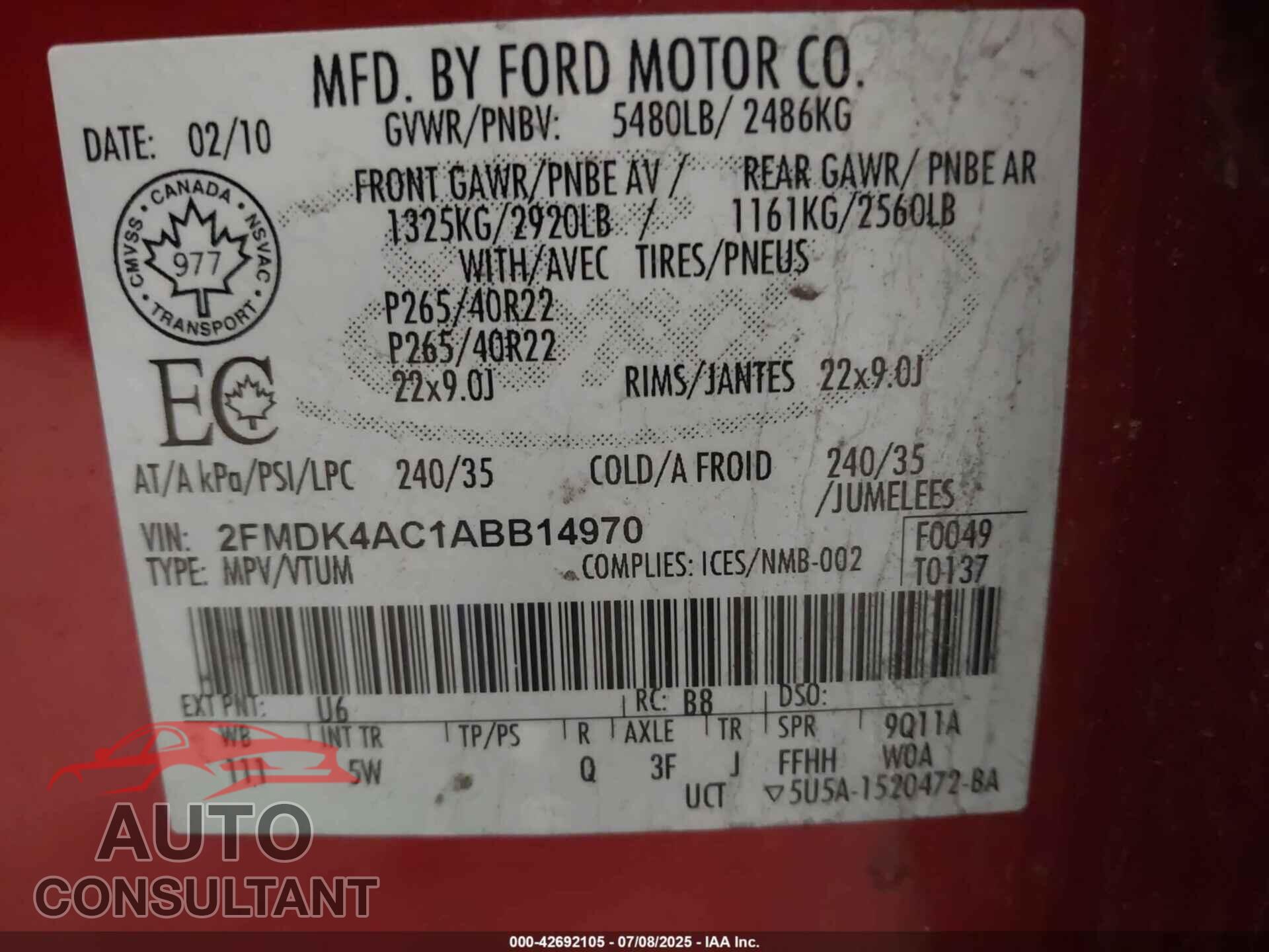 FORD EDGE 2010 - 2FMDK4AC1ABB14970