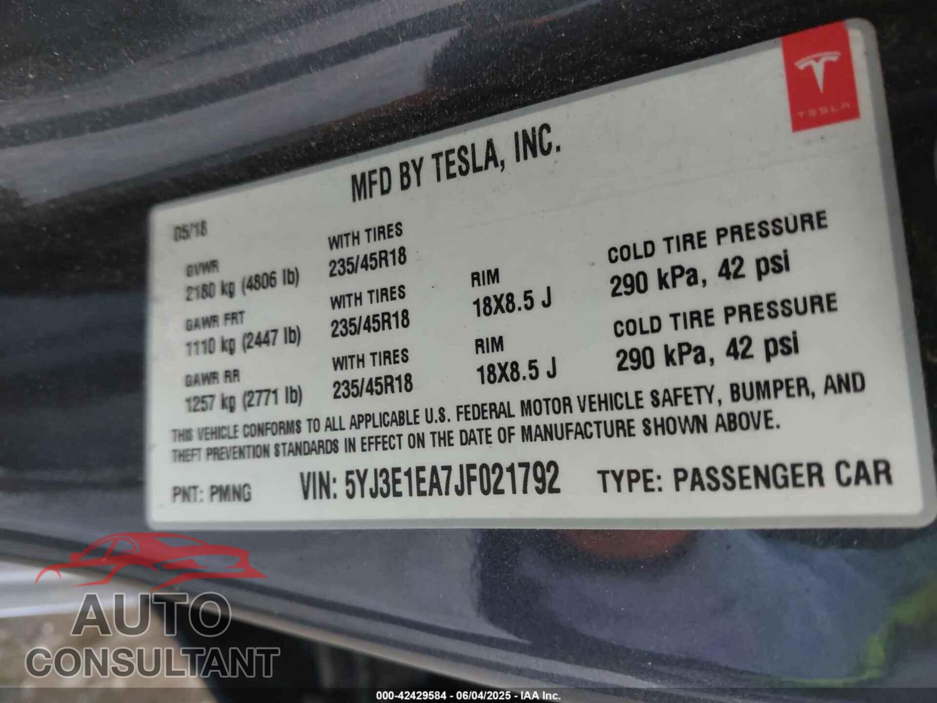 TESLA MODEL 3 2018 - 5YJ3E1EA7JF021792