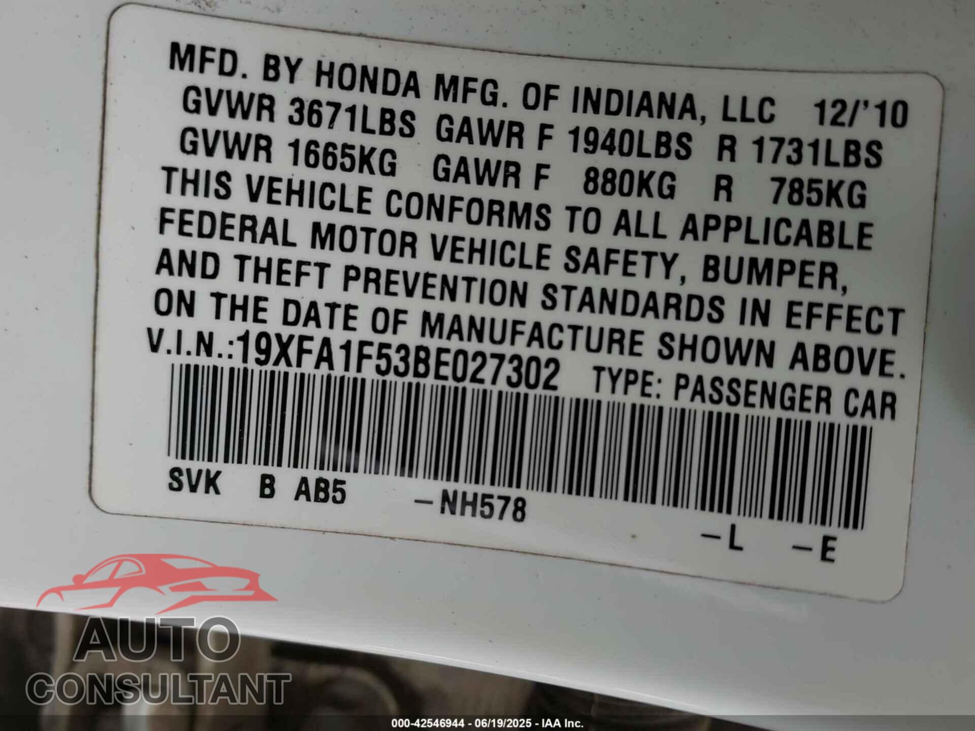 HONDA CIVIC 2011 - 19XFA1F53BE027302