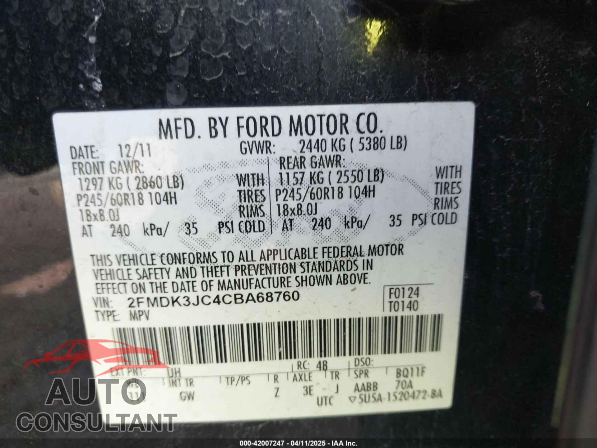 FORD EDGE 2012 - 2FMDK3JC4CBA68760