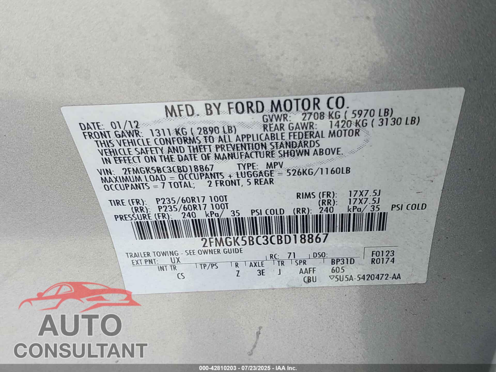 FORD FLEX 2012 - 2FMGK5BC3CBD18867
