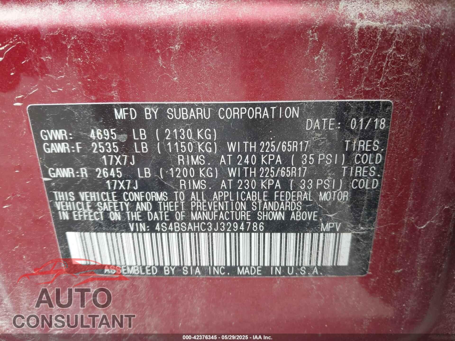 SUBARU OUTBACK 2018 - 4S4BSAHC3J3294786