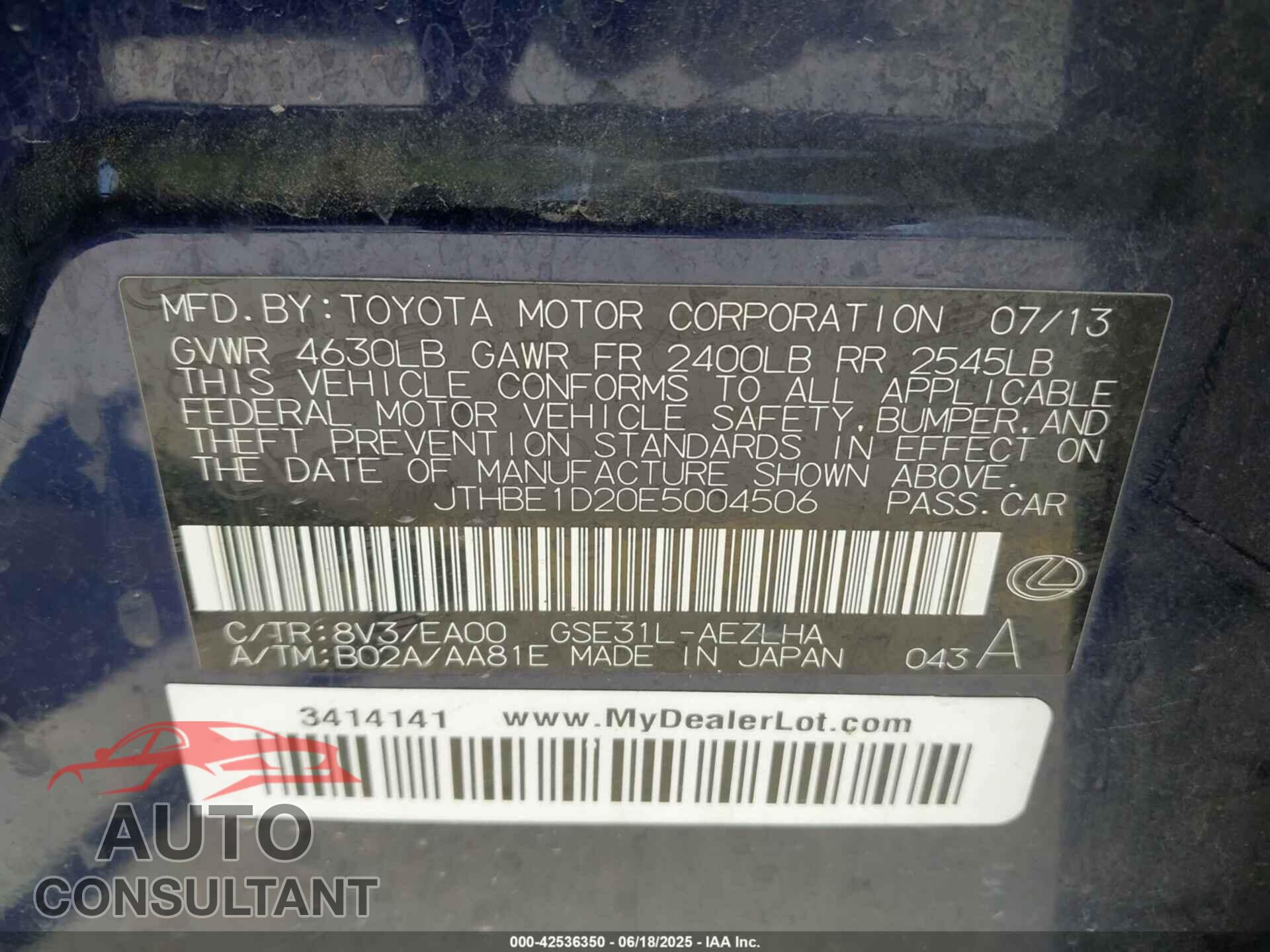 LEXUS IS 350 2014 - JTHBE1D20E5004506