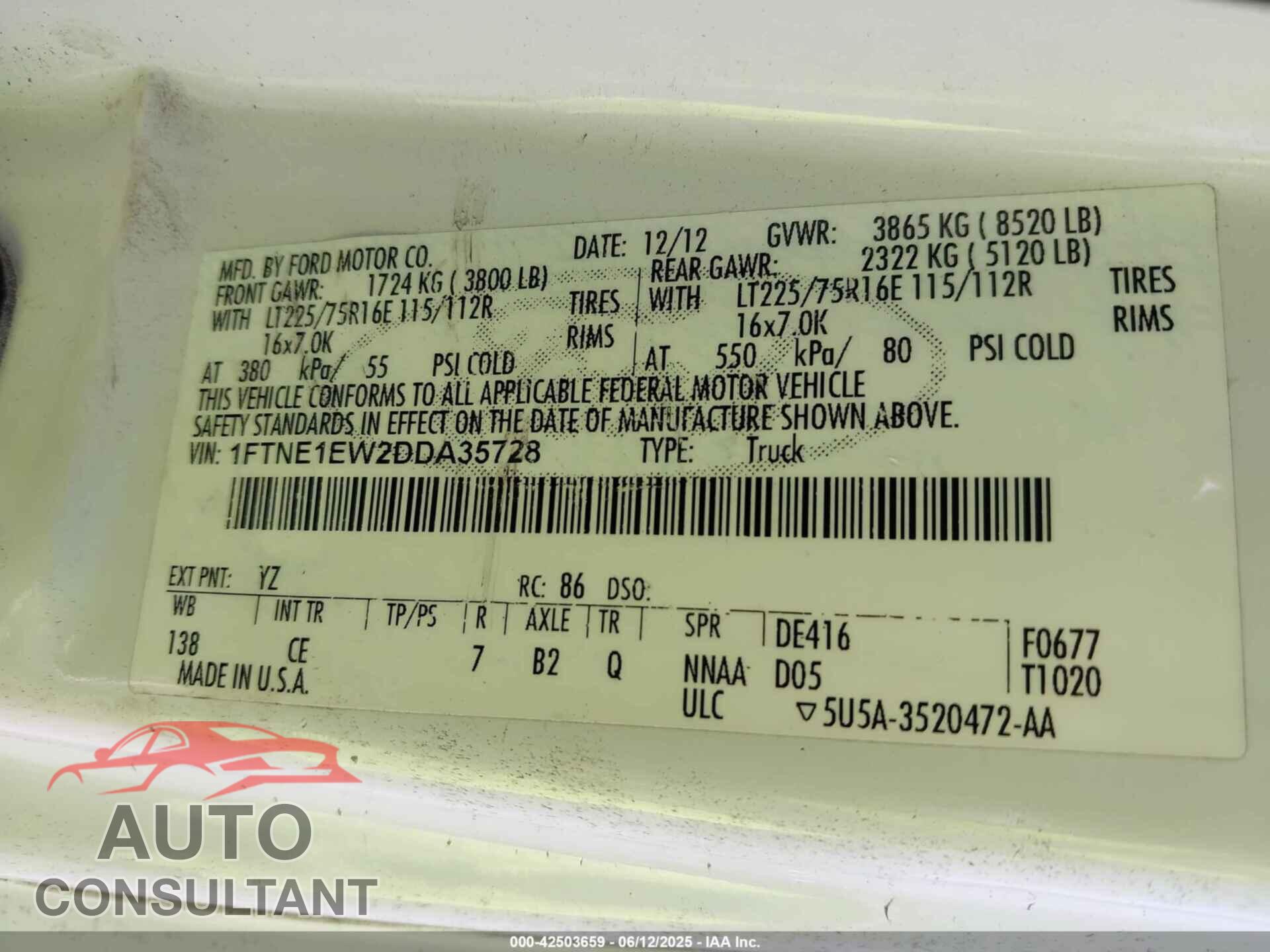 FORD E-150 2013 - 1FTNE1EW2DDA35728