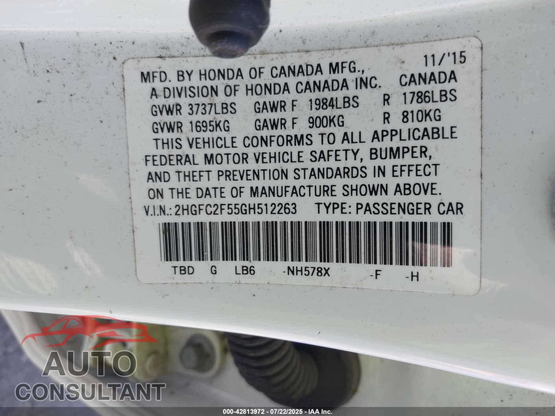 HONDA CIVIC 2016 - 2HGFC2F55GH512263