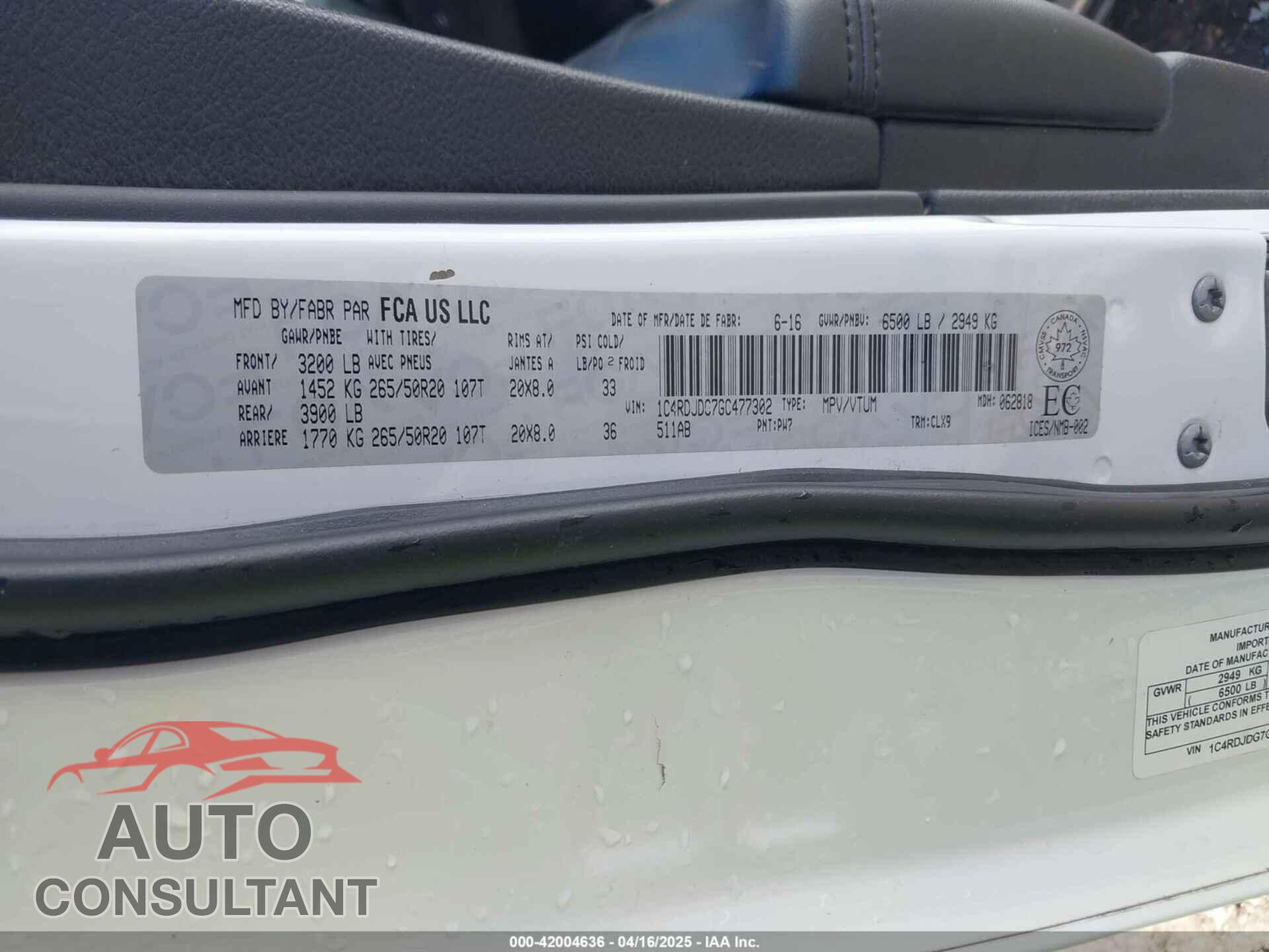 DODGE DURANGO 2016 - 1C4RDJDG7GC477302