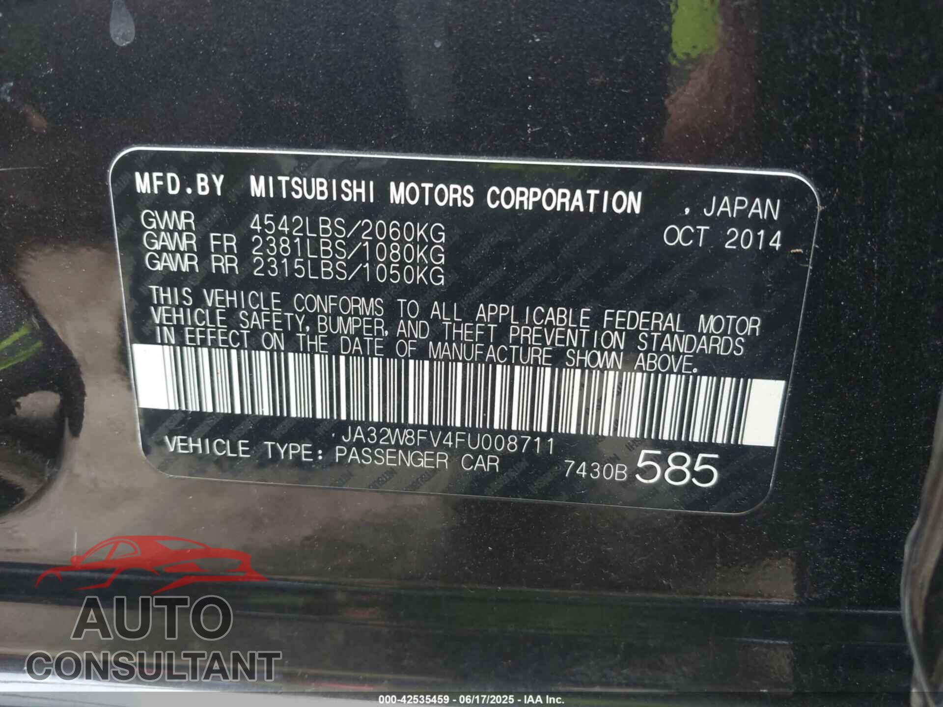 MITSUBISHI LANCER EVOLUTION 2015 - JA32W8FV4FU008711