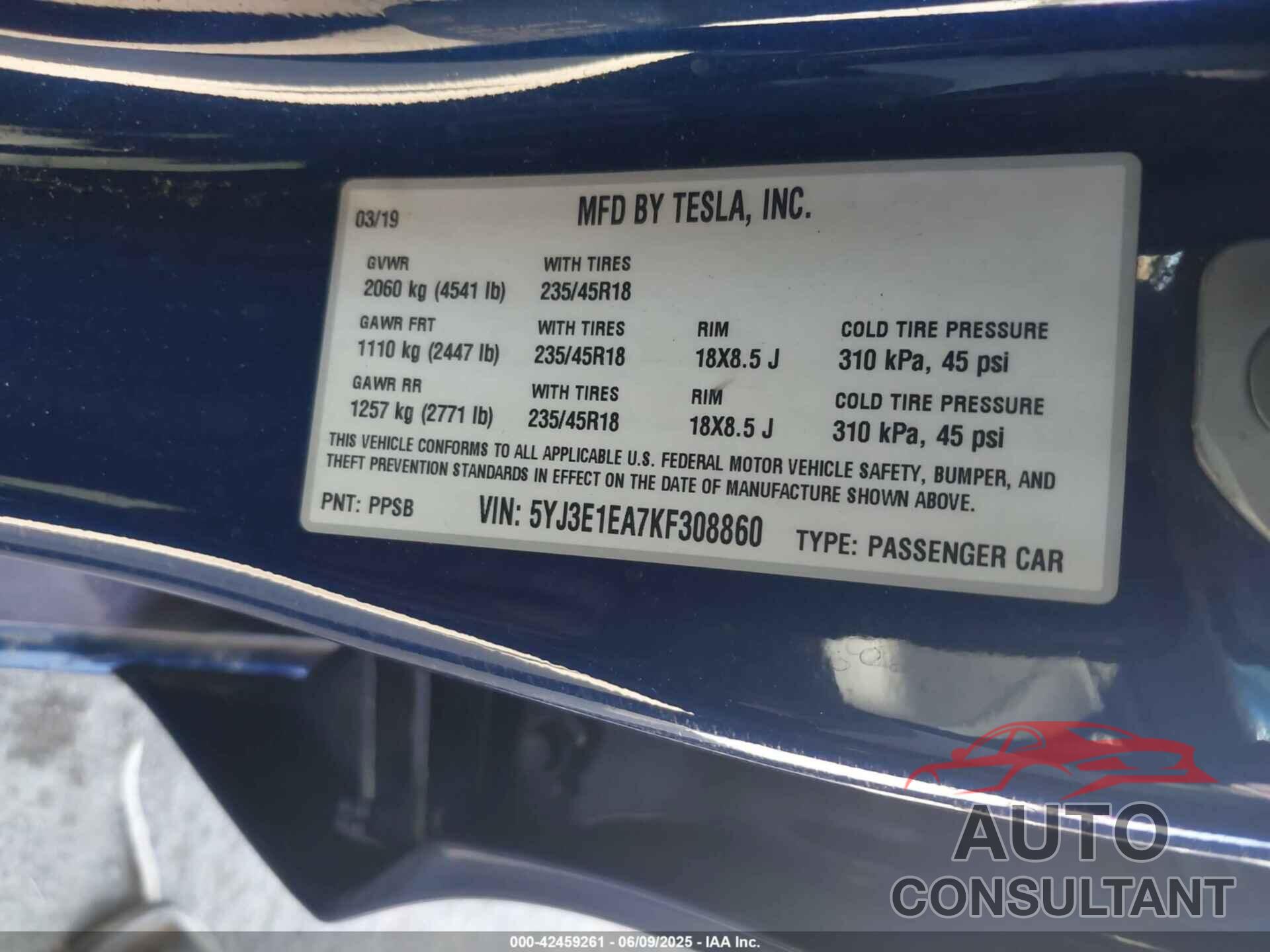 TESLA MODEL 3 2019 - 5YJ3E1EA7KF308860