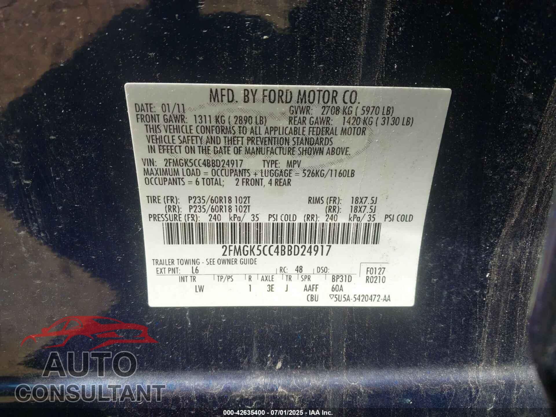 FORD FLEX 2011 - 2FMGK5CC4BBD24917