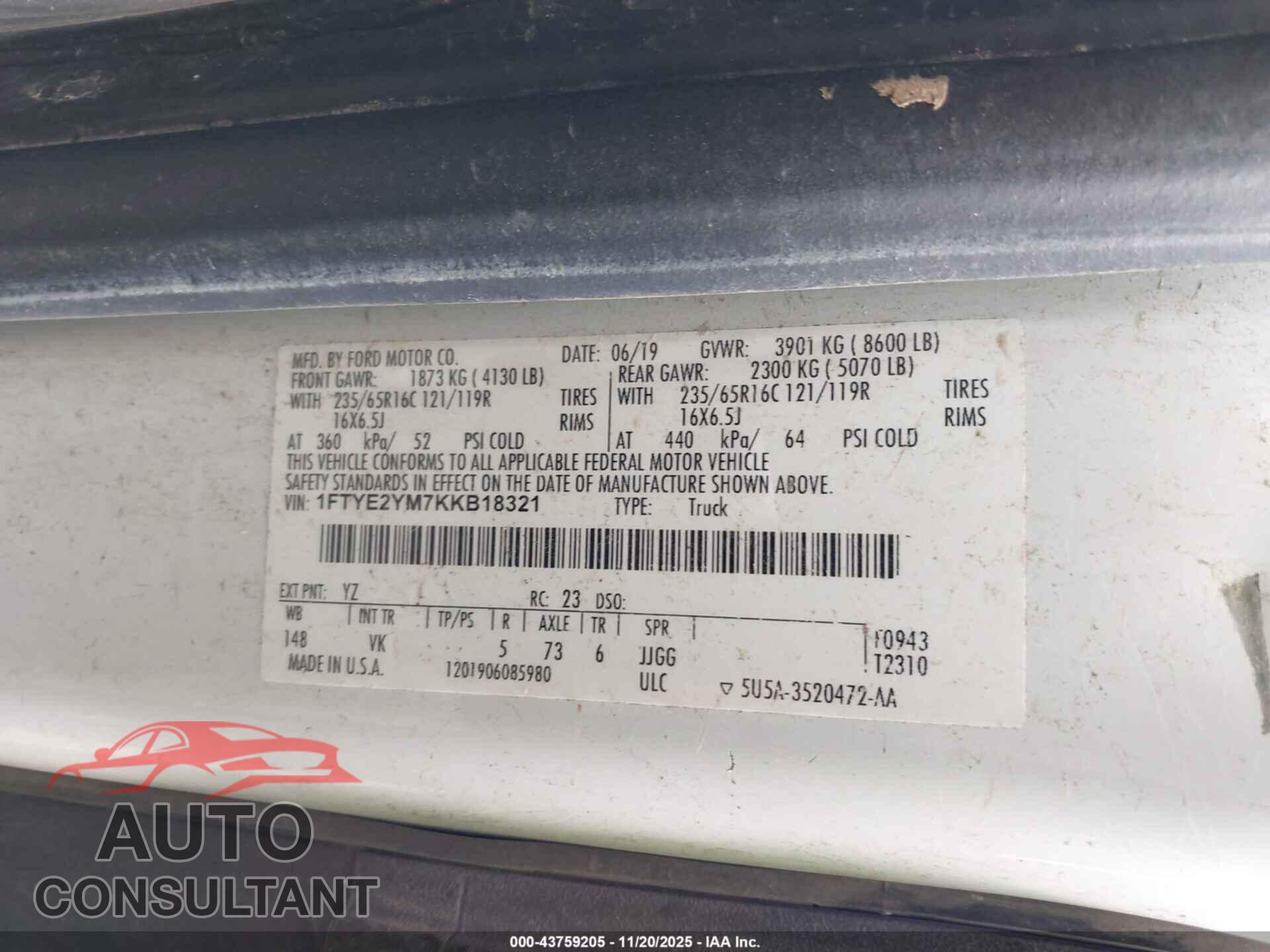 FORD TRANSIT-150 2019 - 1FTYE2YM7KKB18321