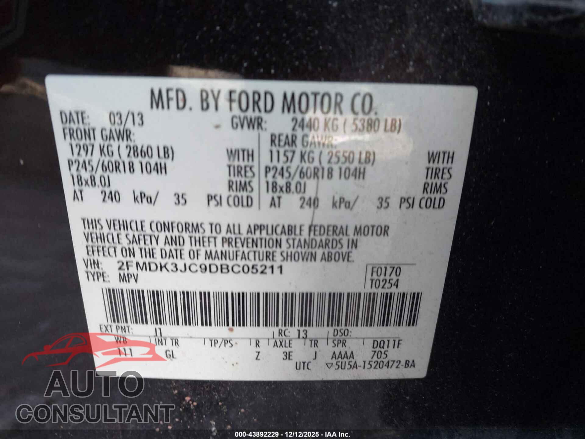 FORD EDGE 2013 - 2FMDK3JC9DBC05211