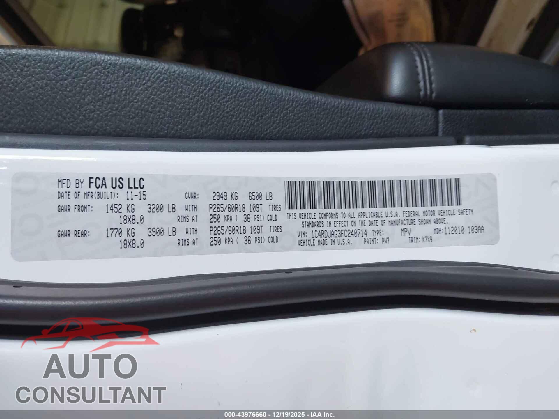 DODGE DURANGO 2015 - 1C4RDJAG3FC240714