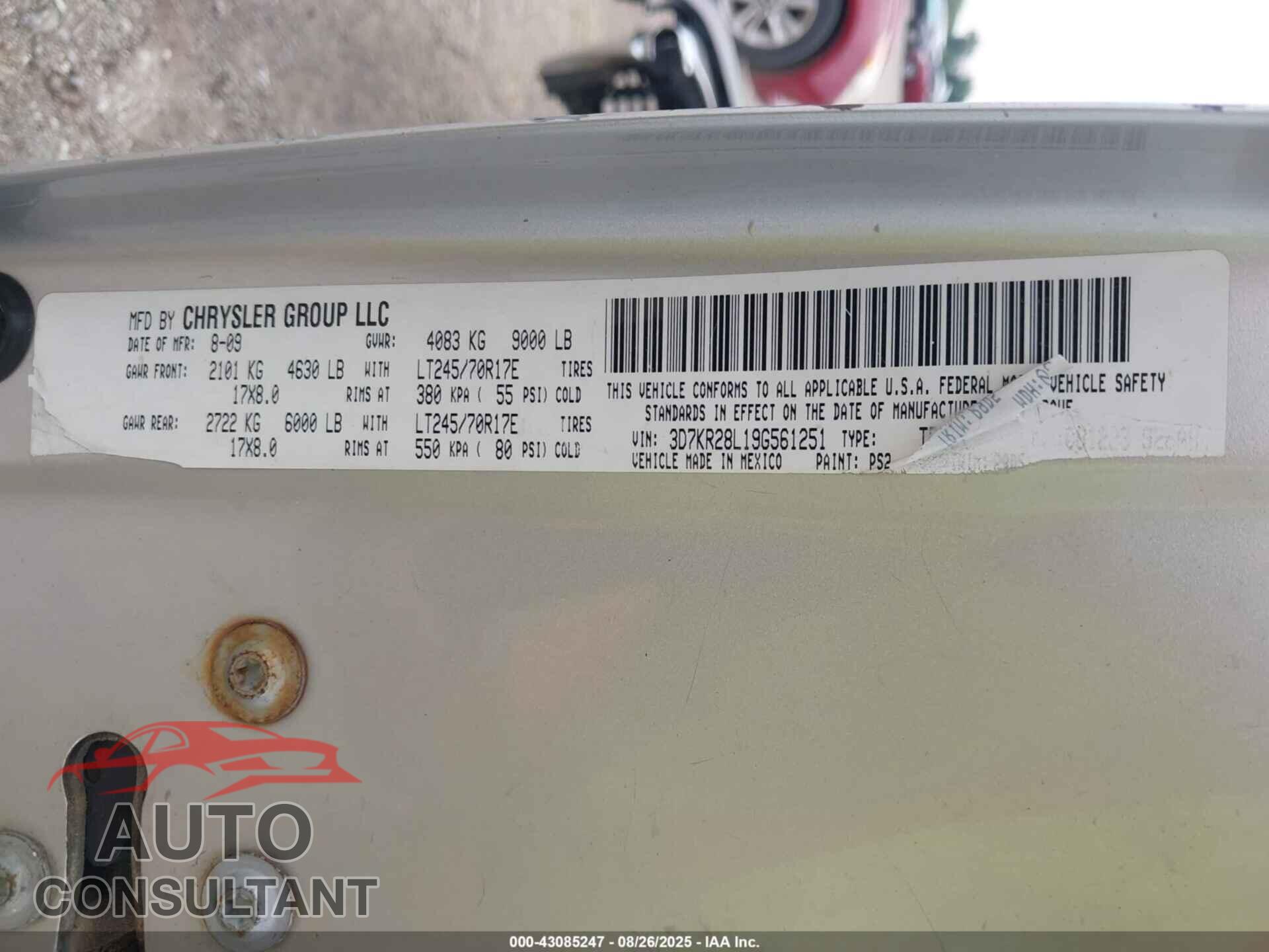 DODGE RAM 2500 2009 - 3D7KR28L19G561251