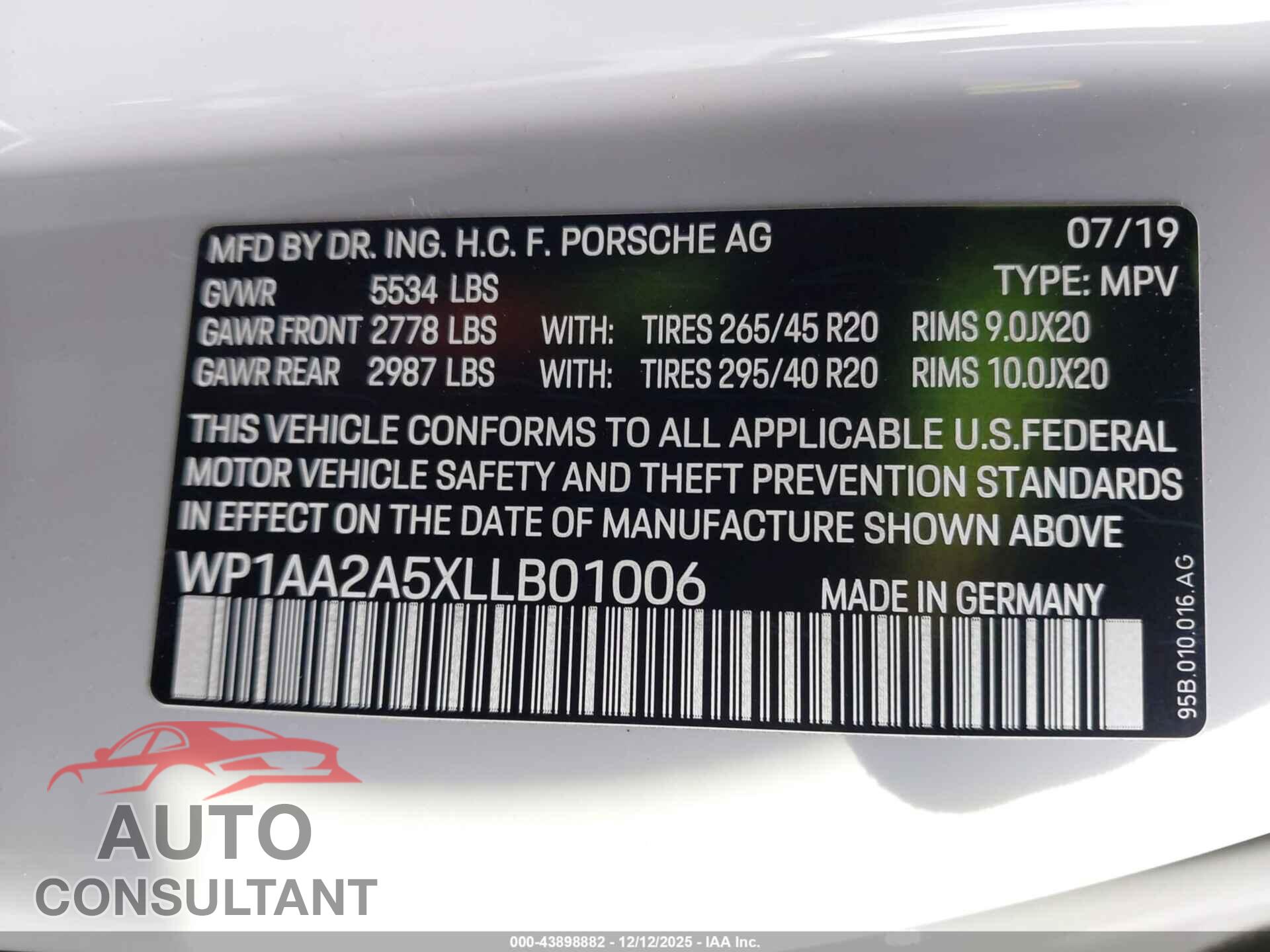 PORSCHE MACAN 2020 - WP1AA2A5XLLB01006