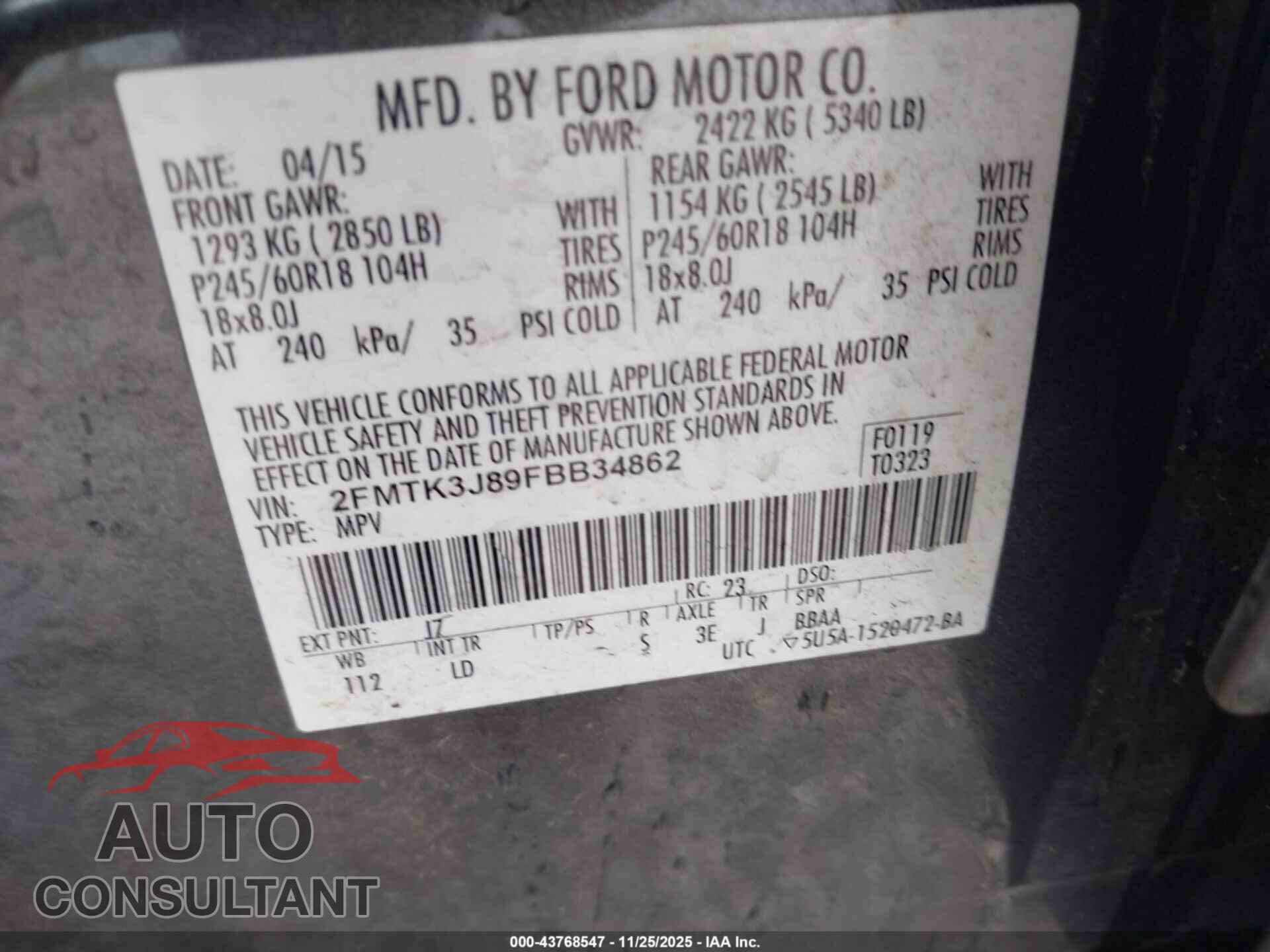 FORD EDGE 2015 - 2FMTK3J89FBB34862