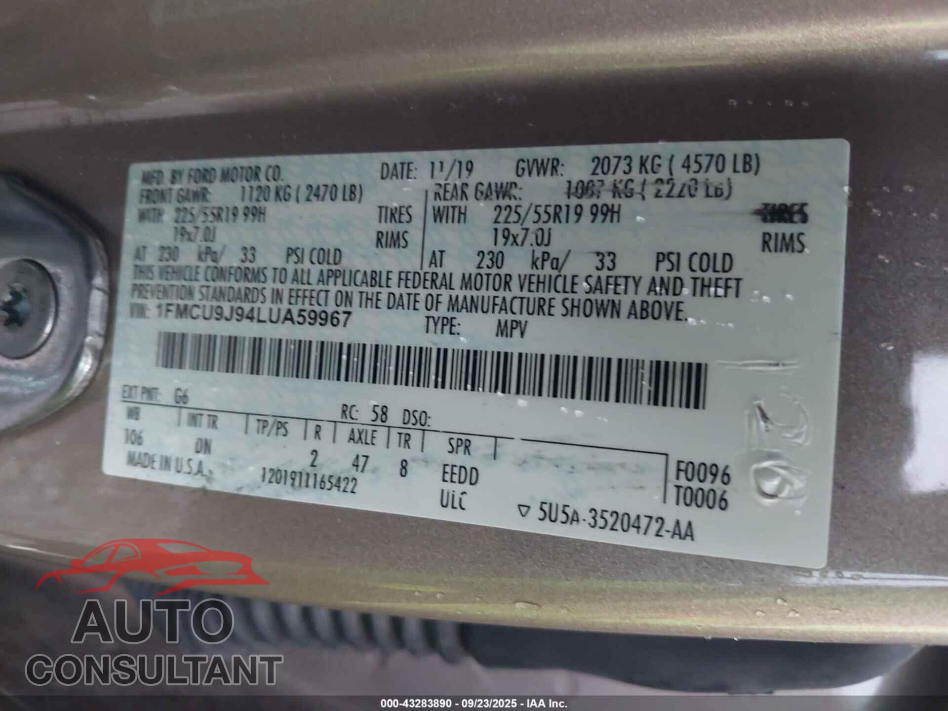 FORD ESCAPE 2020 - 1FMCU9J94LUA59967