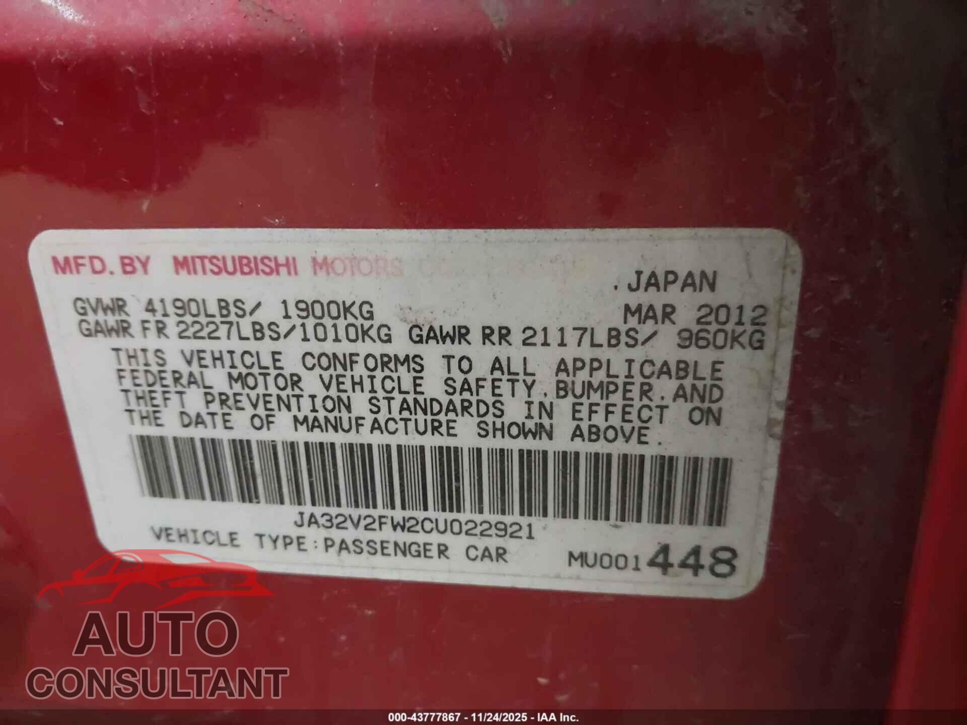 MITSUBISHI LANCER 2012 - JA32V2FW2CU022921