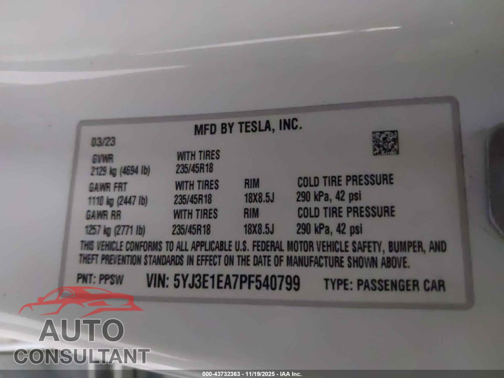 TESLA MODEL 3 2023 - 5YJ3E1EA7PF540799