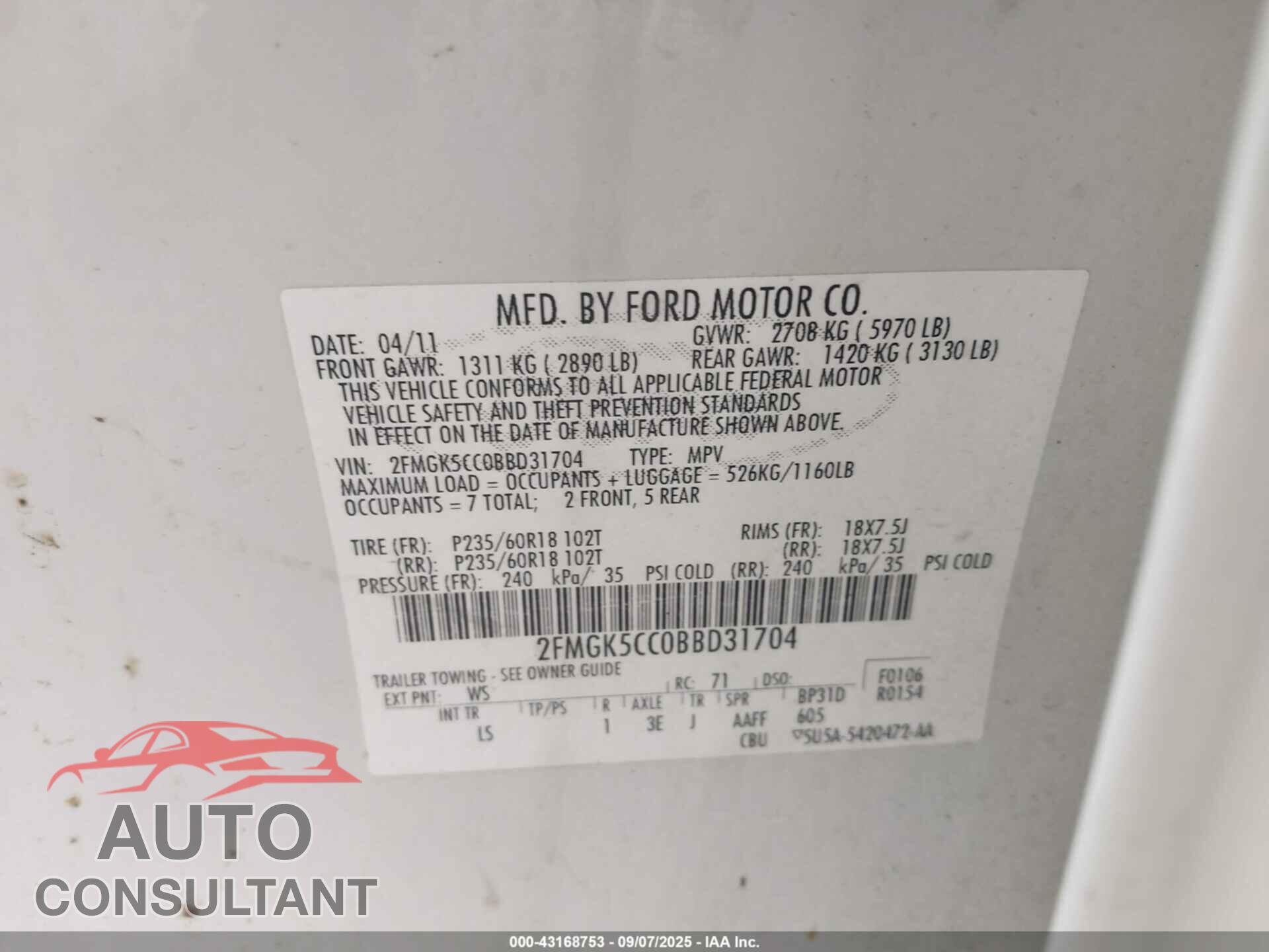 FORD FLEX 2011 - 2FMGK5CC0BBD31704
