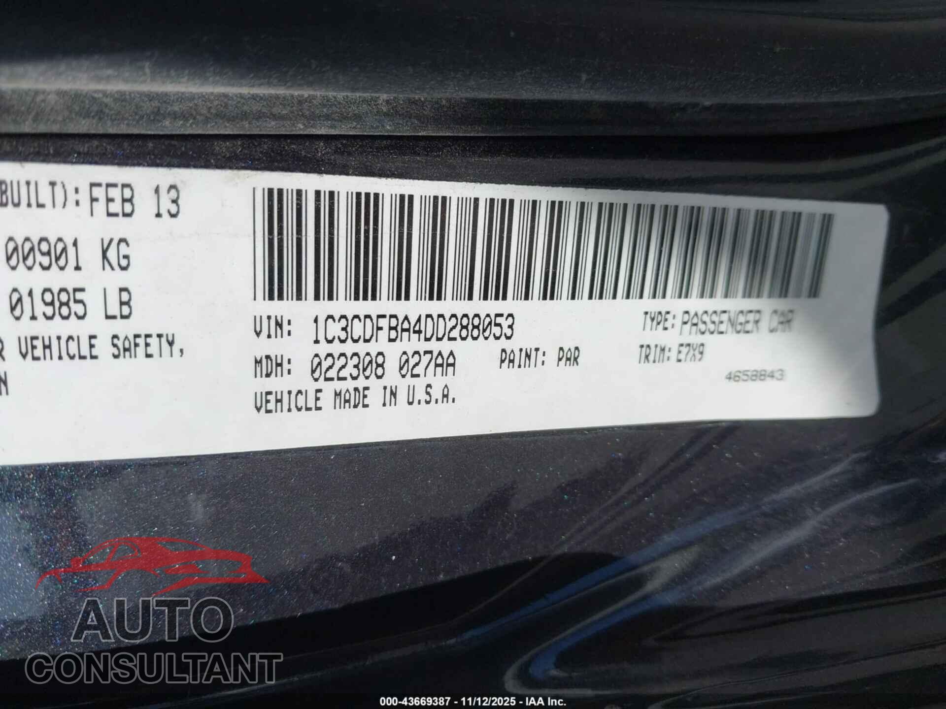 DODGE DART 2013 - 1C3CDFBA4DD288053