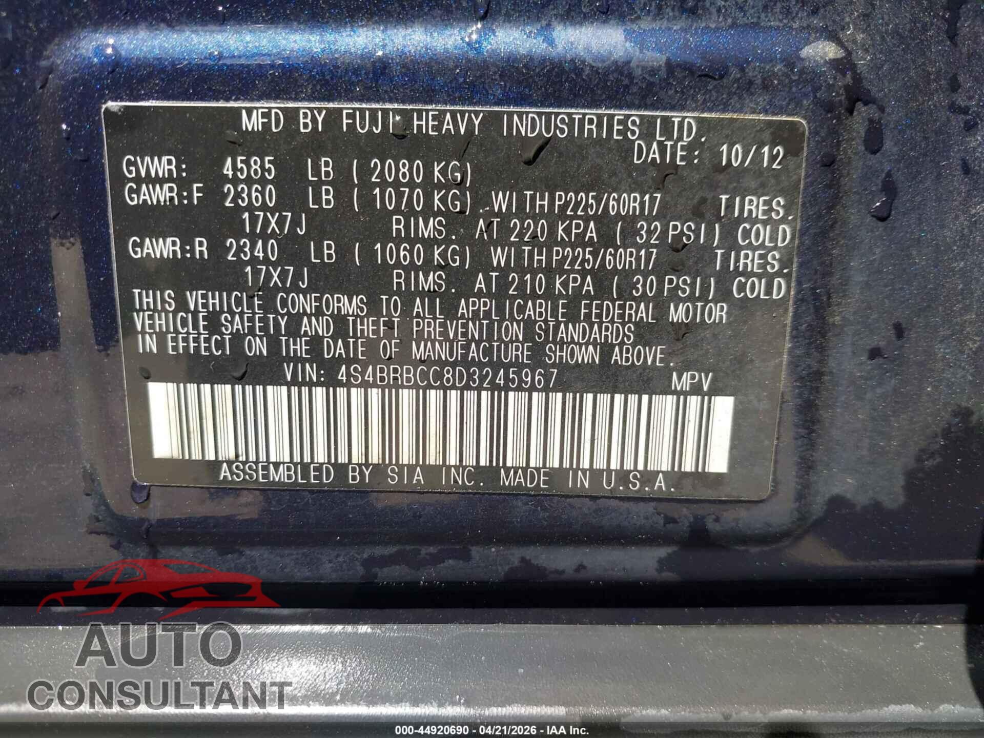 SUBARU OUTBACK 2013 - 4S4BRBCC8D3245967