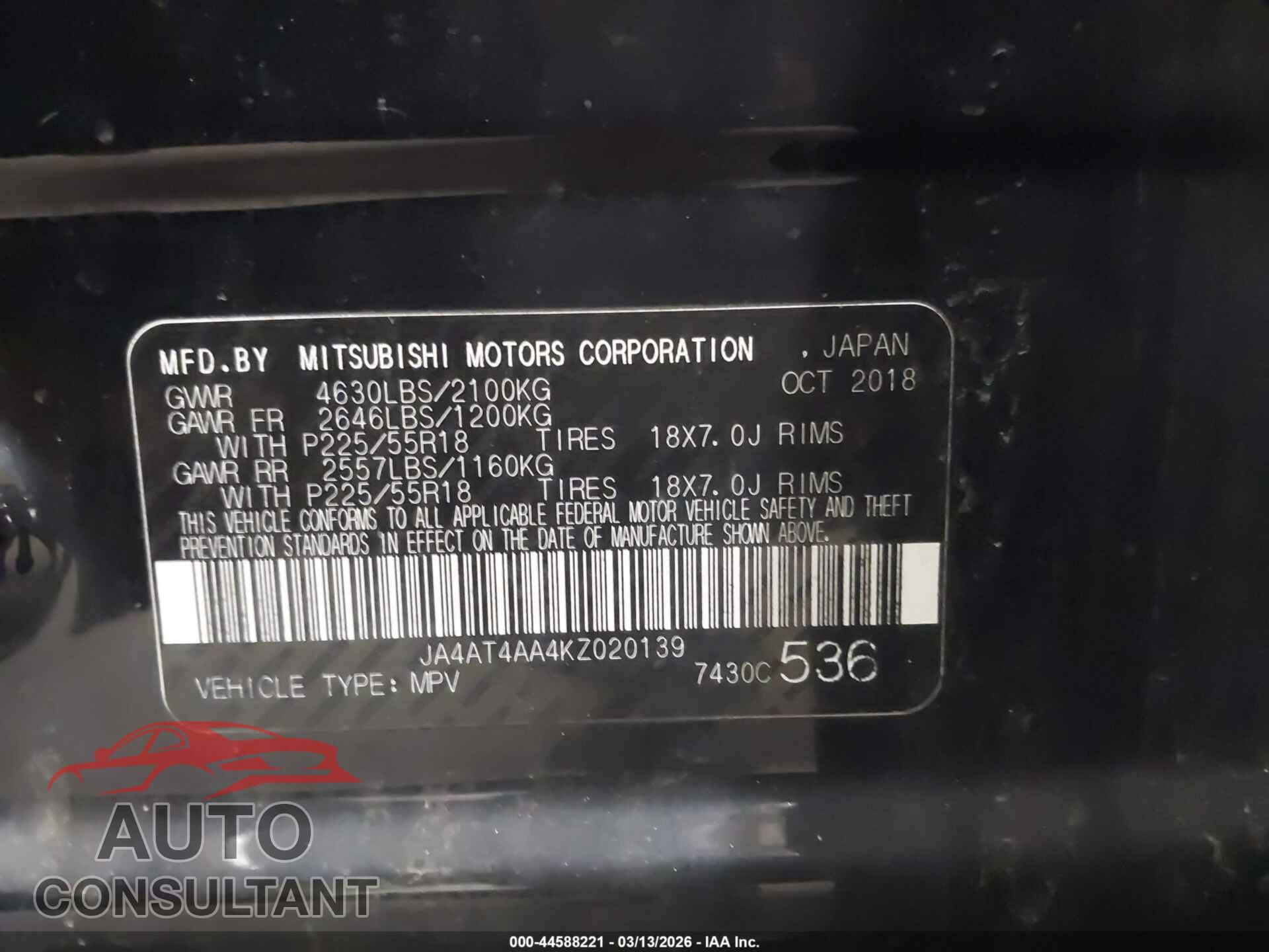 MITSUBISHI ECLIPSE CROSS 2019 - JA4AT4AA4KZ020139