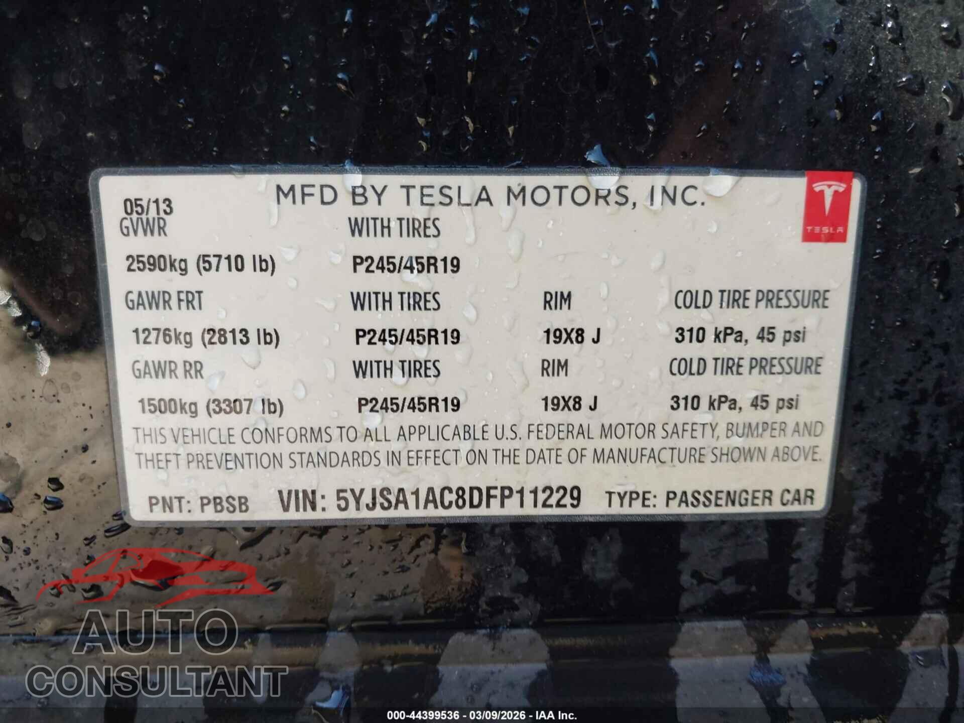 TESLA MODEL S 2013 - 5YJSA1AC8DFP11229
