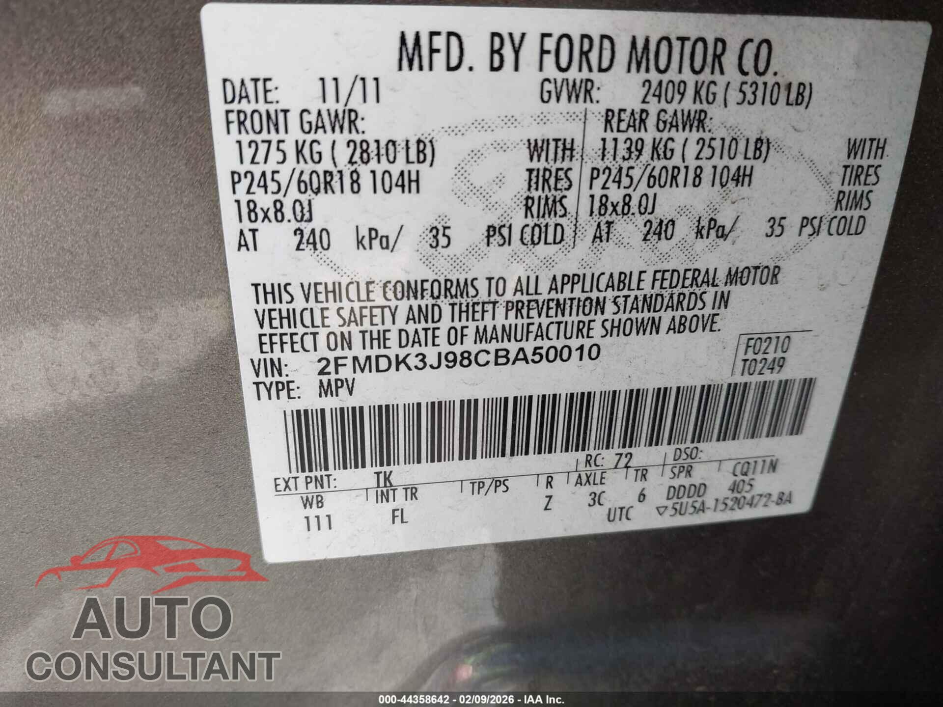 FORD EDGE 2012 - 2FMDK3J98CBA50010