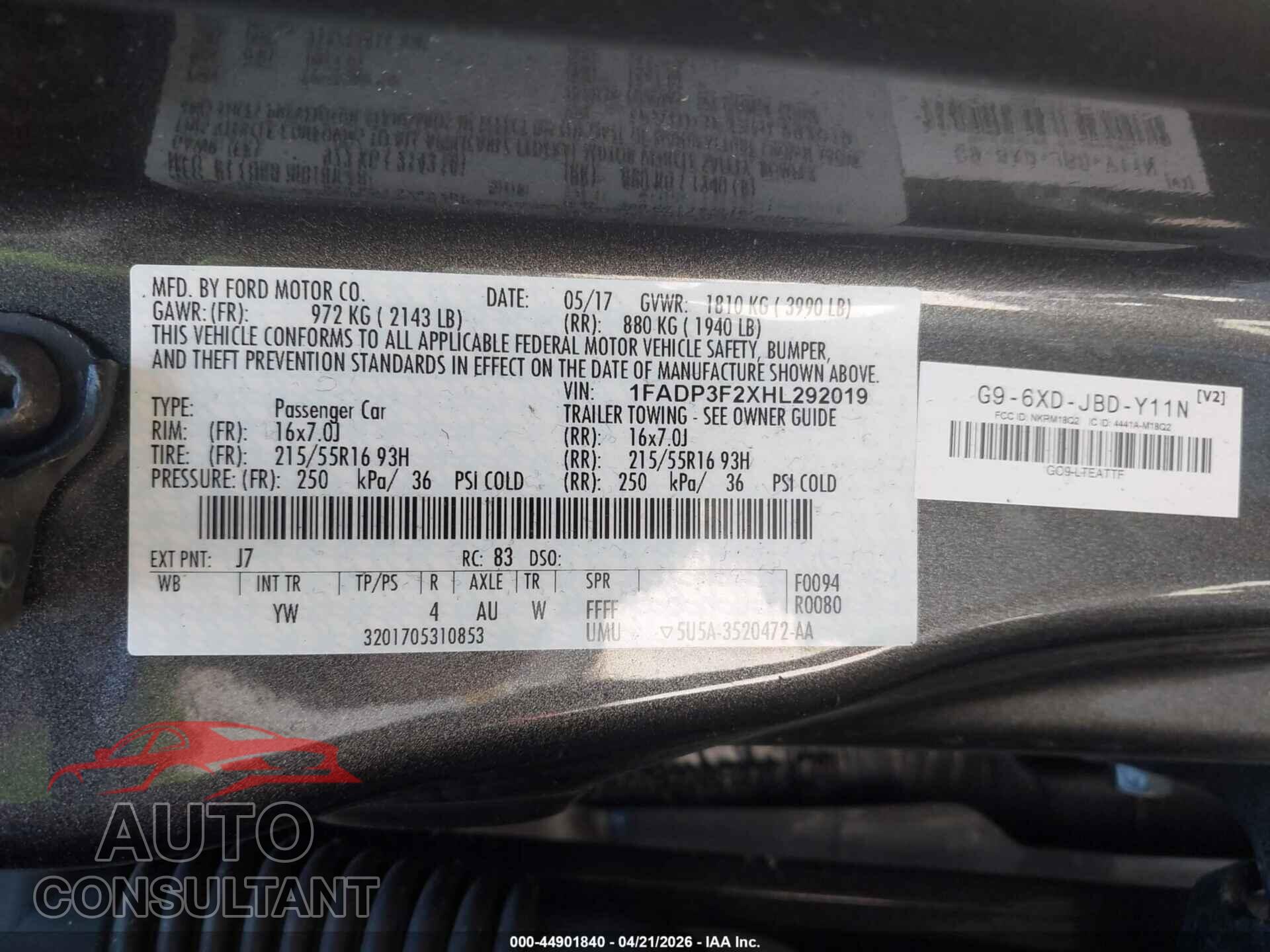 FORD FOCUS 2017 - 1FADP3F2XHL292019
