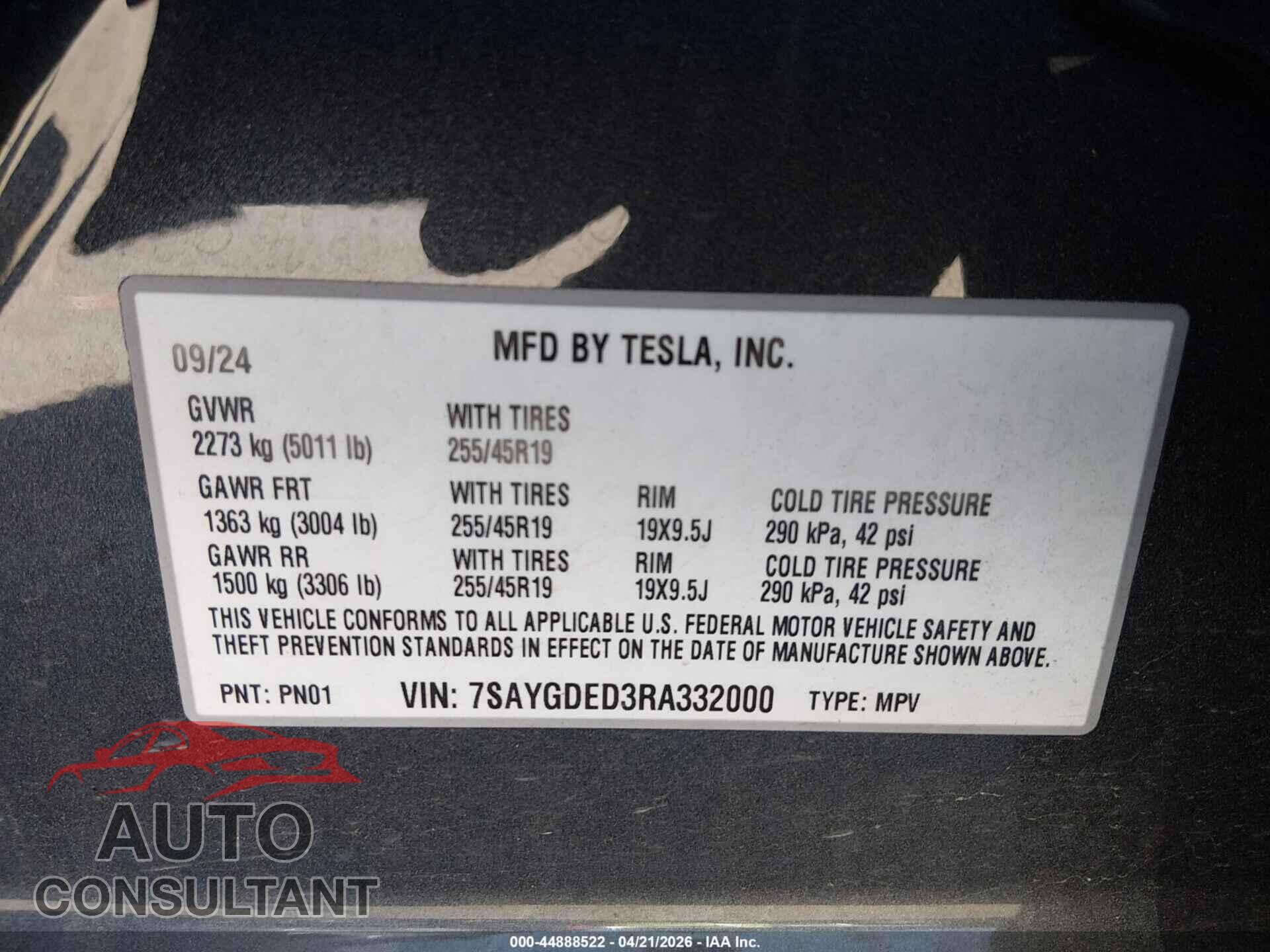 TESLA MODEL Y 2024 - 7SAYGDED3RA332000