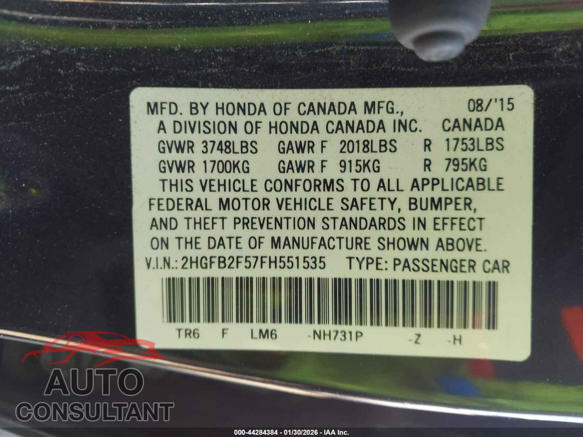 HONDA CIVIC 2015 - 2HGFB2F57FH551535