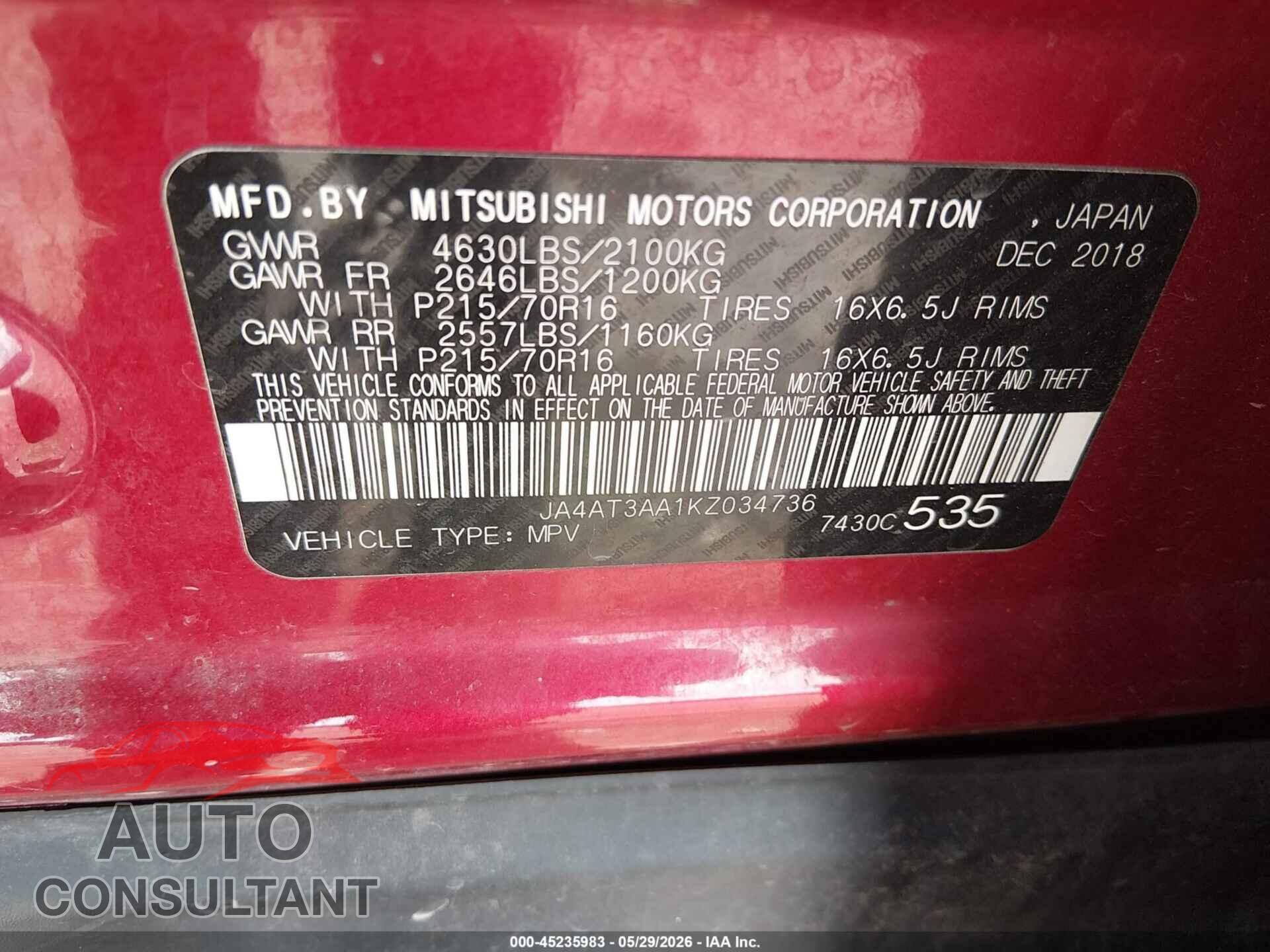 MITSUBISHI ECLIPSE CROSS 2019 - JA4AT3AA1KZ034736