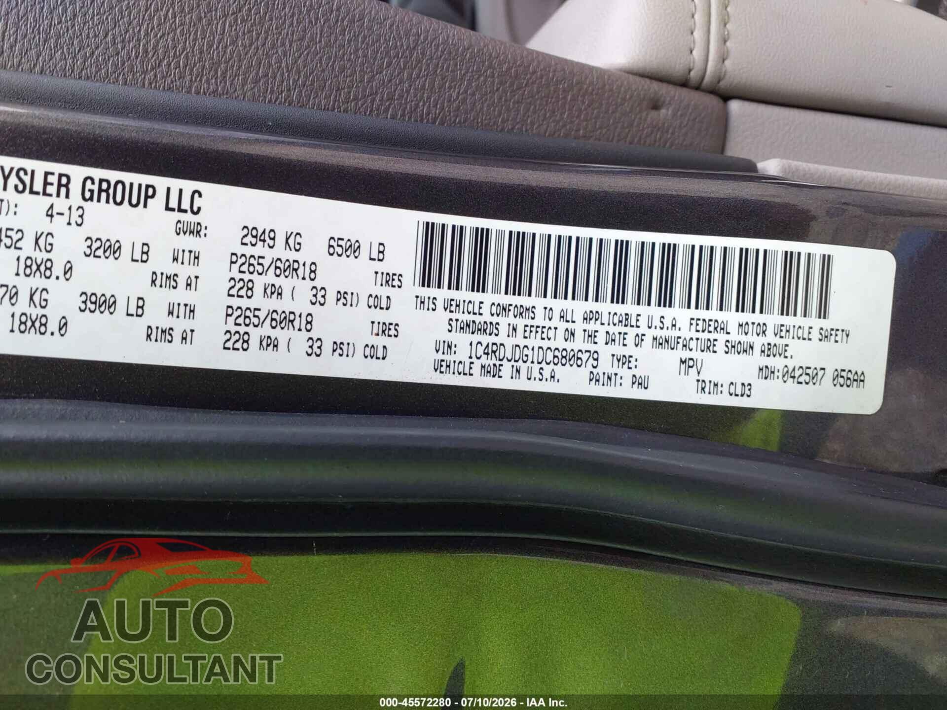 DODGE DURANGO 2013 - 1C4RDJDG1DC680679