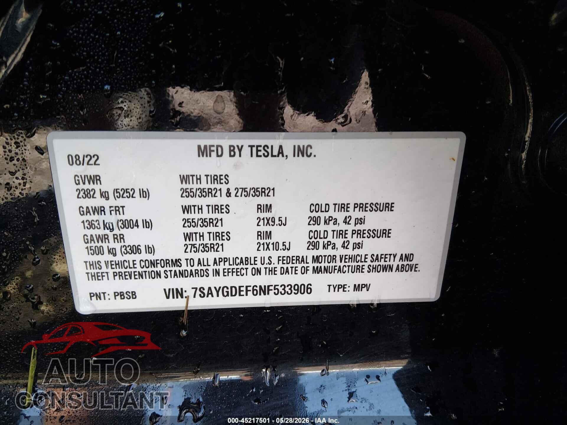 TESLA MODEL Y 2022 - 7SAYGDEF6NF533906