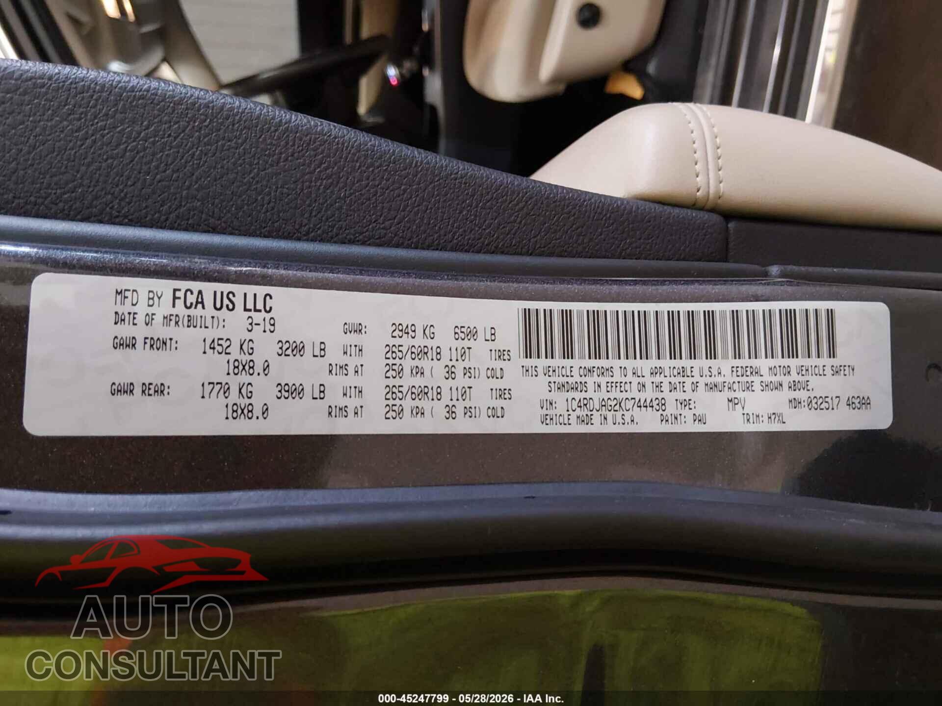 DODGE DURANGO 2019 - 1C4RDJAG2KC744438
