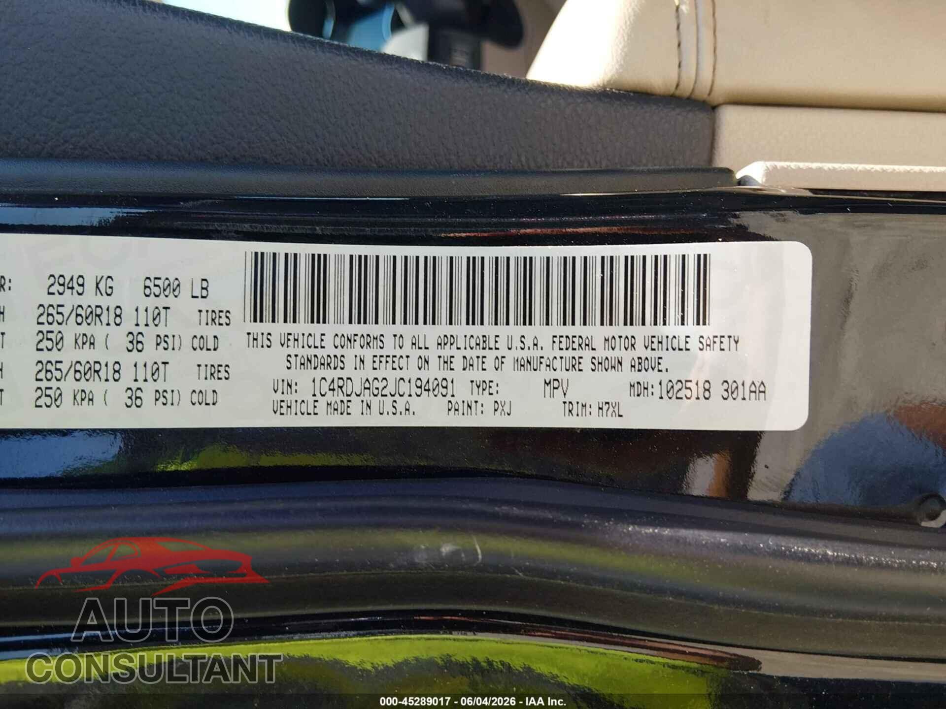 DODGE DURANGO 2018 - 1C4RDJAG2JC194091