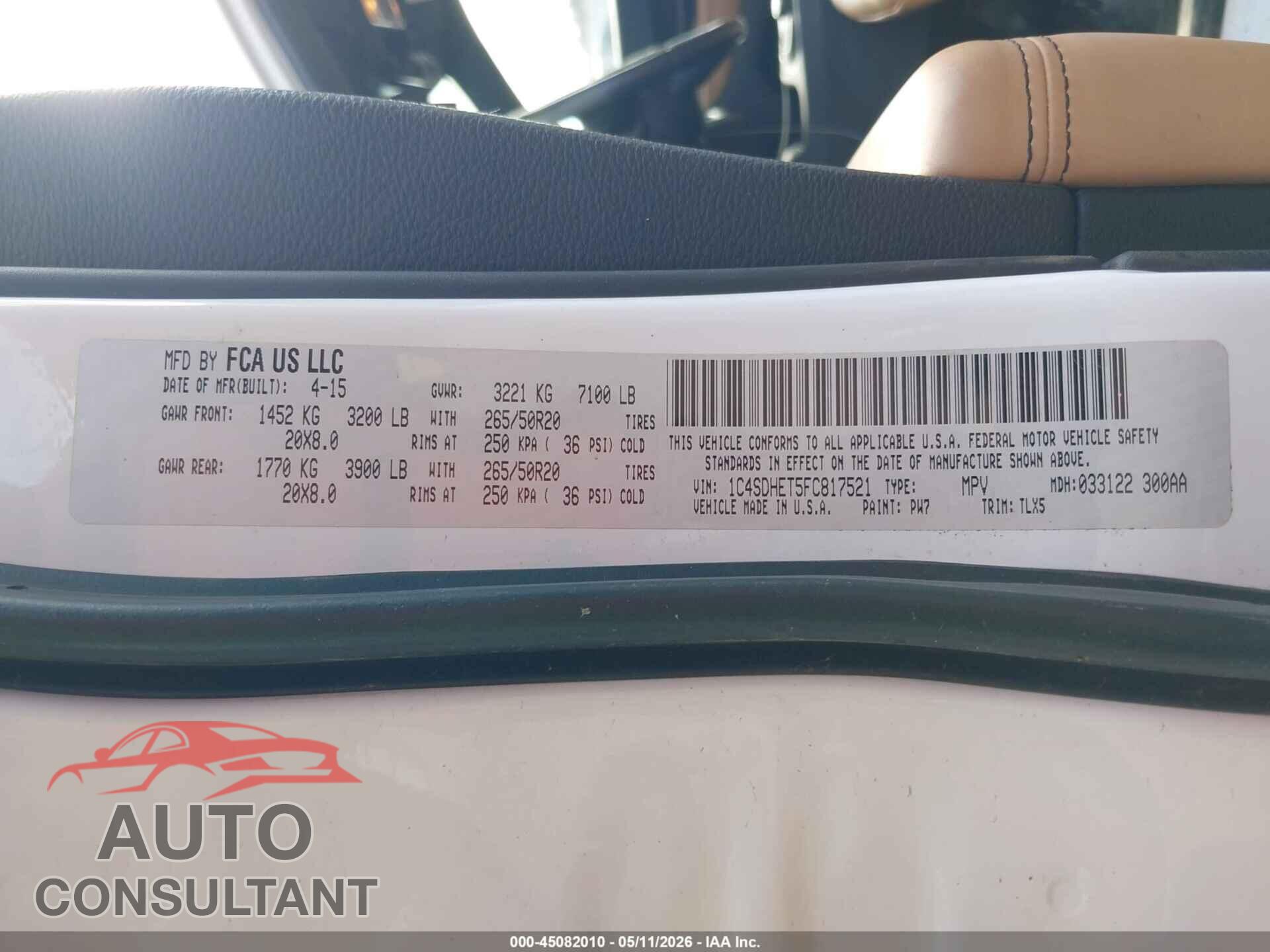 DODGE DURANGO 2015 - 1C4SDHET5FC817521